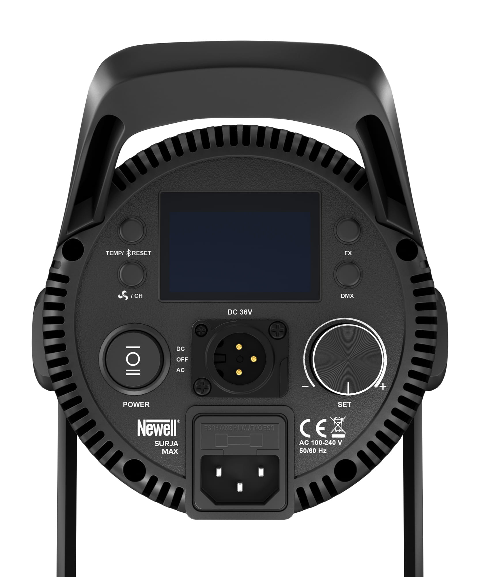 Rückseite der Newell Surja Max 500 LED-Leuchte mit Display und Anschlussfeld