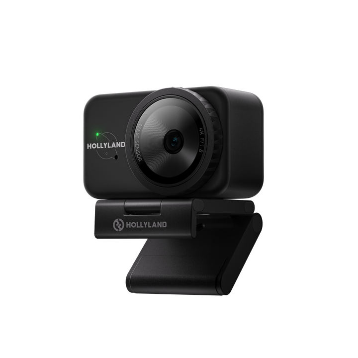 Hollyland Lyra 4K UHD Webcam in schräger Ansicht mit montierter Halteklammer für Monitor oder Stativ