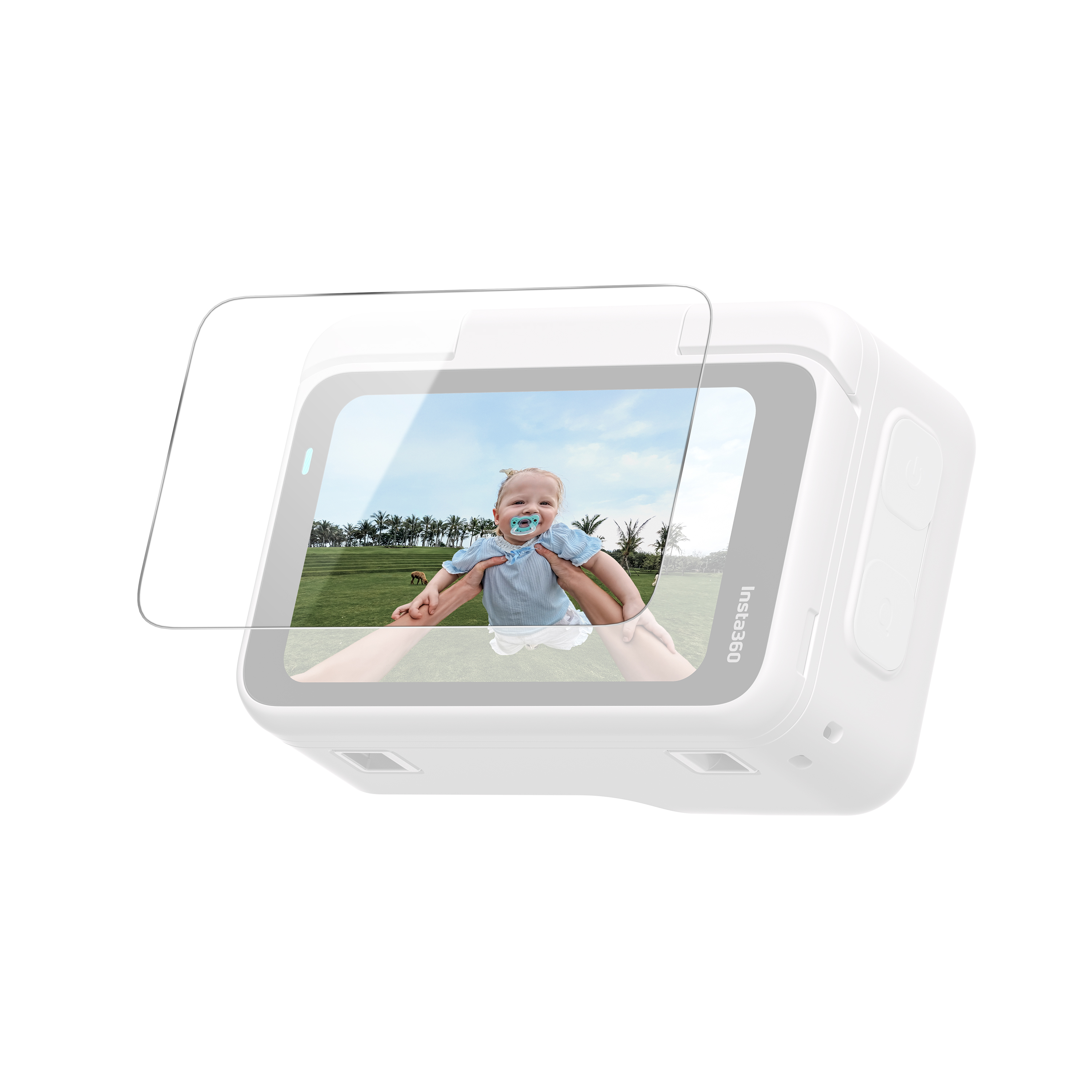 Insta360 Screen Protector für Insta360 GO Ultra, passgenaue Displayschutzfolie auf dem Touchscreen in schräger Ansicht