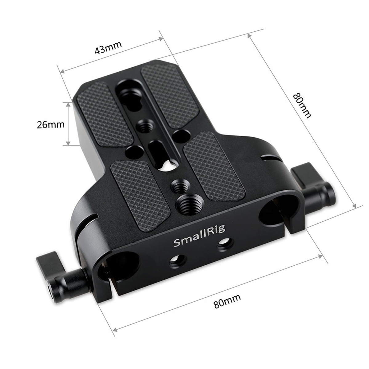 : SmallRig 1674 Baseplate mit Dual 15mm Rod Clamp – Detailansicht mit Abmessungen und Montagebohrungen
