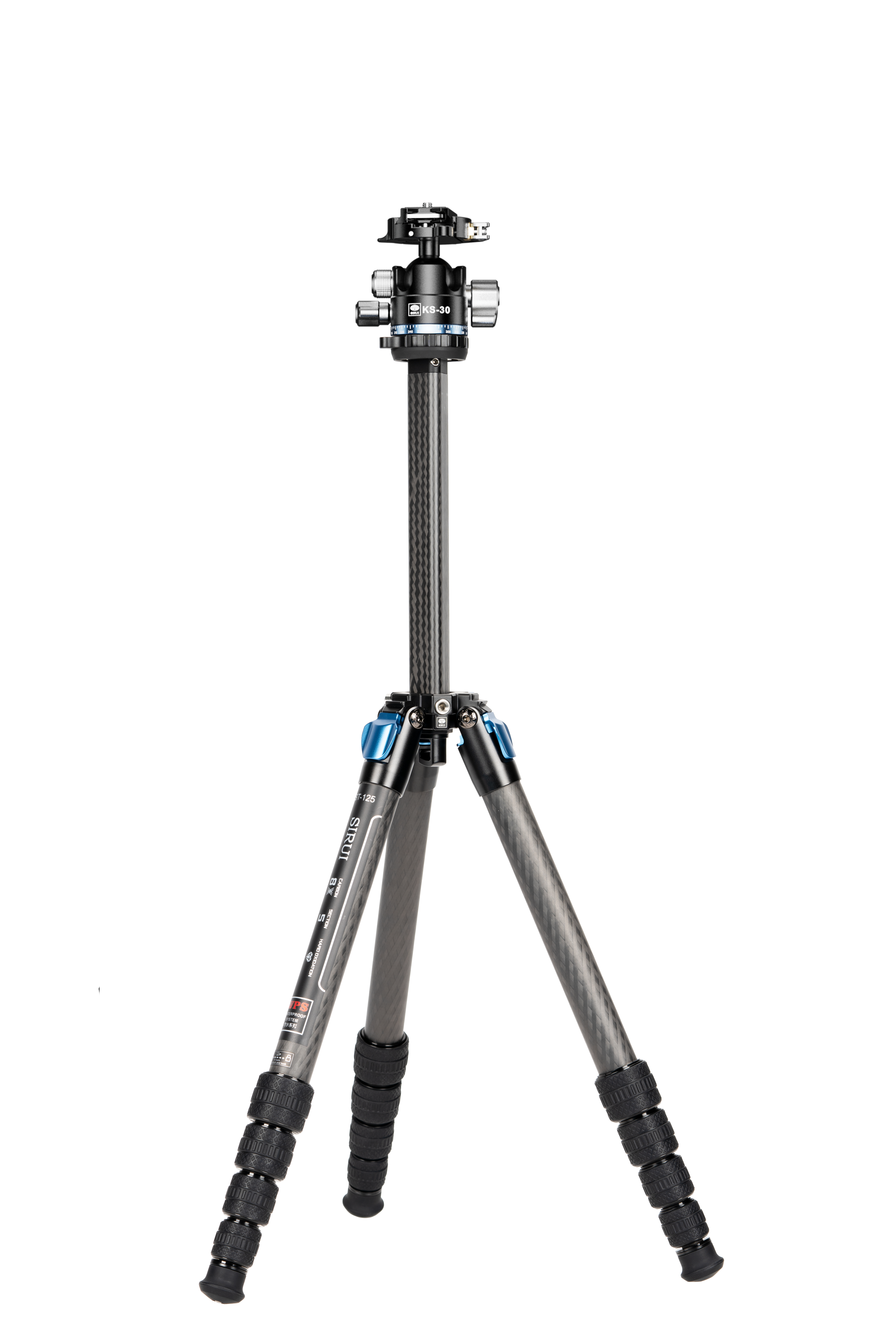 Sirui ST-125 + KS-30 Superb Traveler Carbon – Vorderansicht mit ausgezogener Mittelsäule