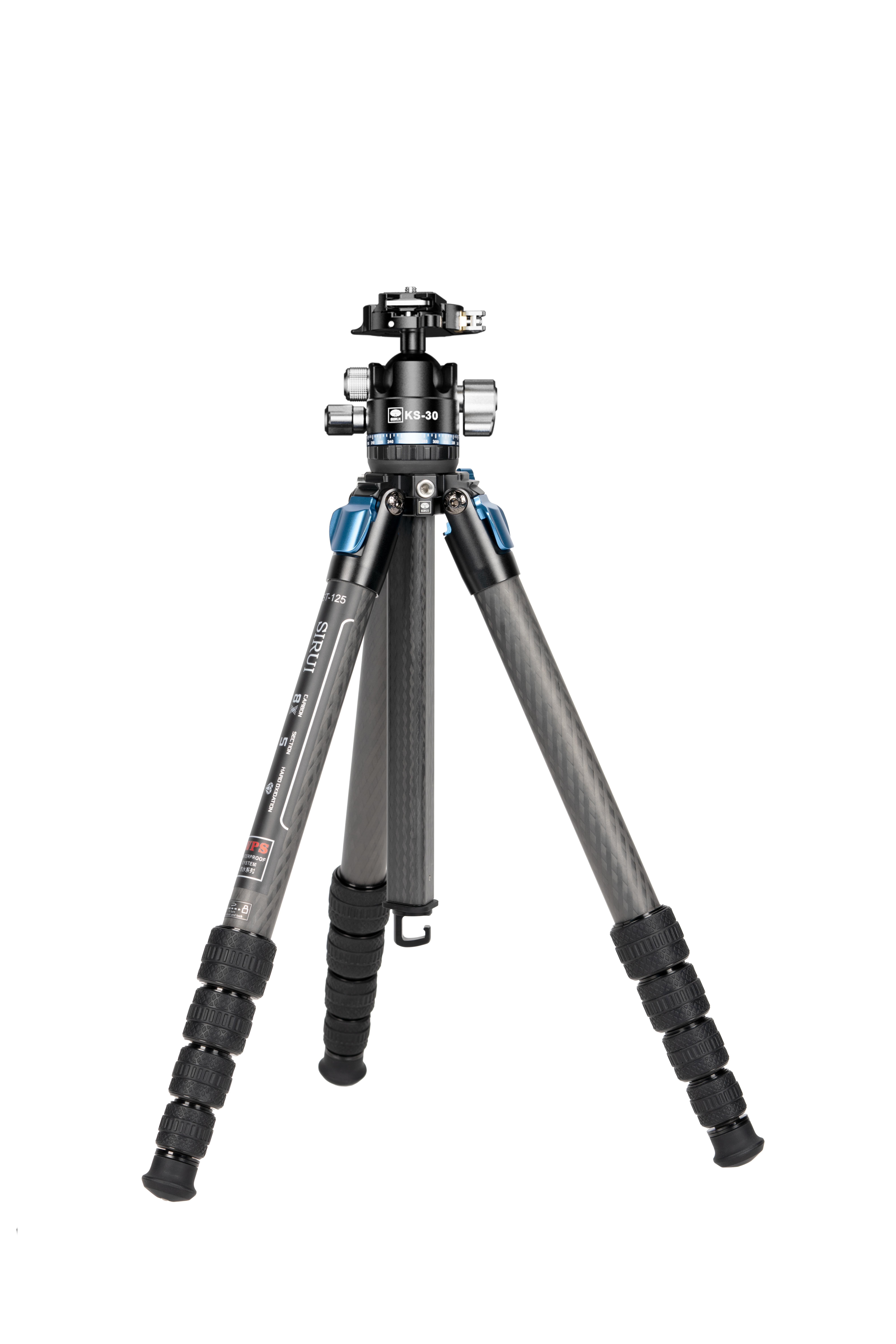 Sirui ST-125 + KS-30 Superb Traveler Carbon – Stativ mit mittlerer Beinspreizung in Vorderansicht