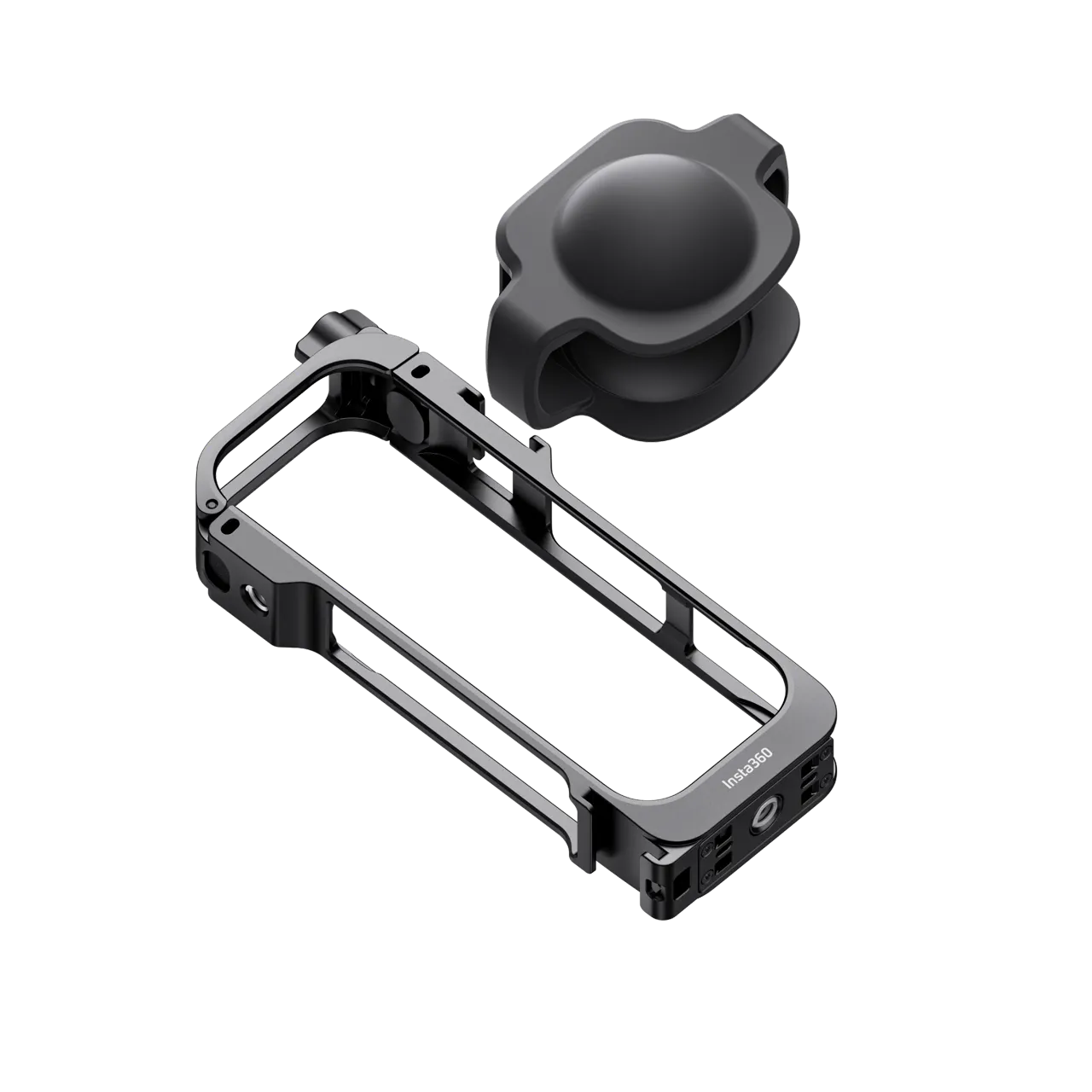 Insta360 X5 Multifunktionsrahmen – schräge Ansicht des Rahmens mit separater Schutzkappe und Montagebasis