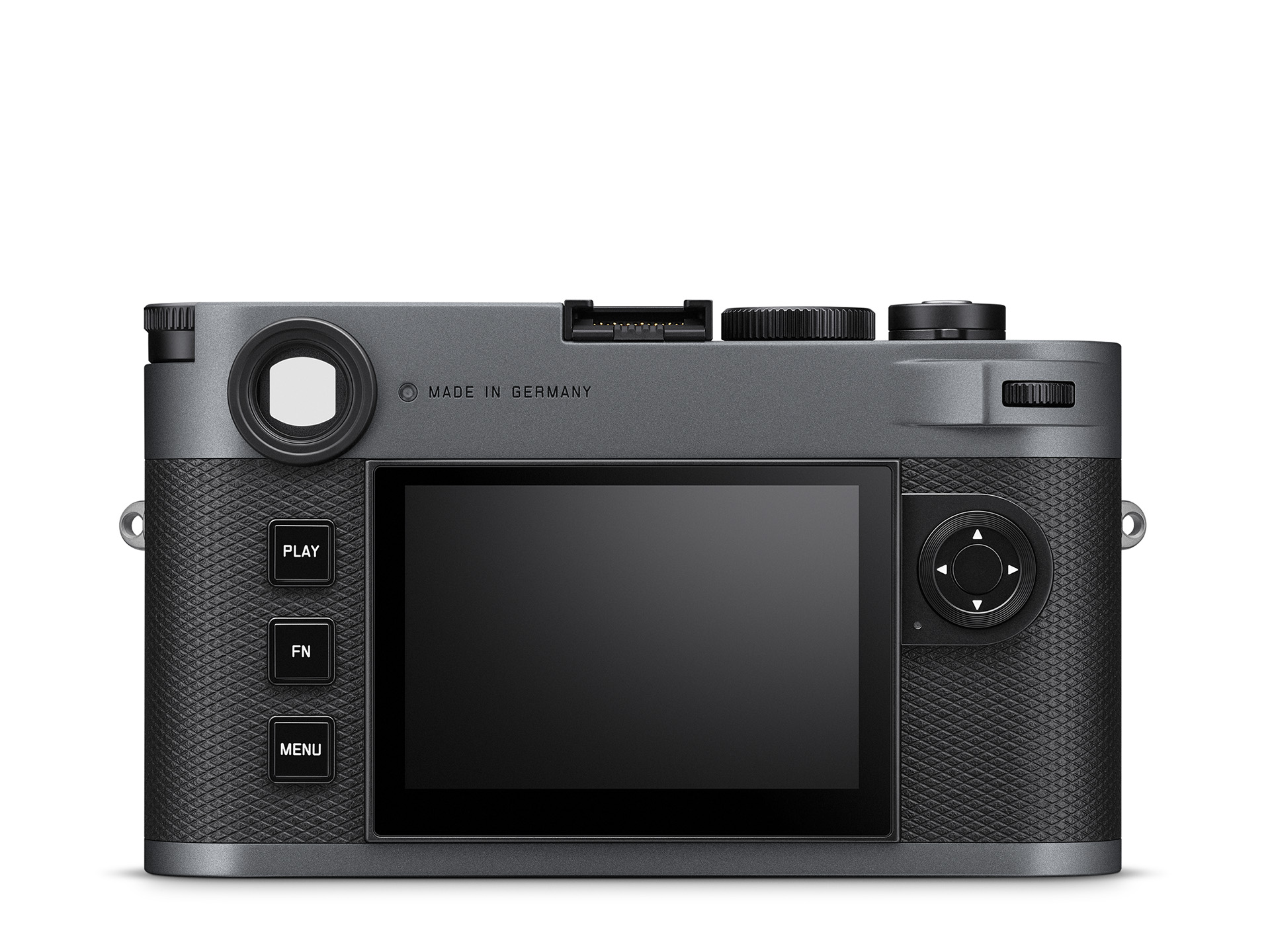 Rückseite der Leica M11-P in Metal Gray mit Display, Sucher und Bedientasten