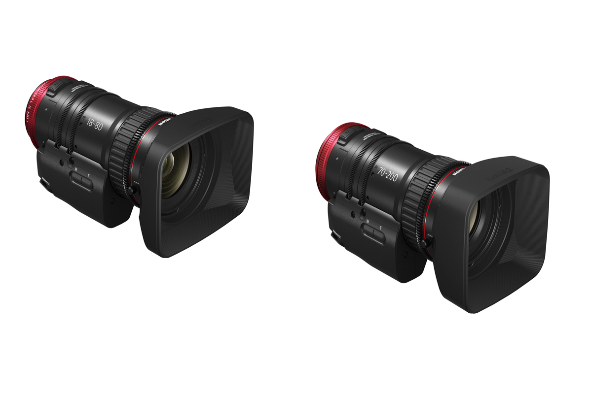 Canon Cine-Servo-Objektiv Combo Kit mit CN-E EF 18-80 mm und 70-200 mm in schräger Produktansicht nebeneinander dargestellt.
