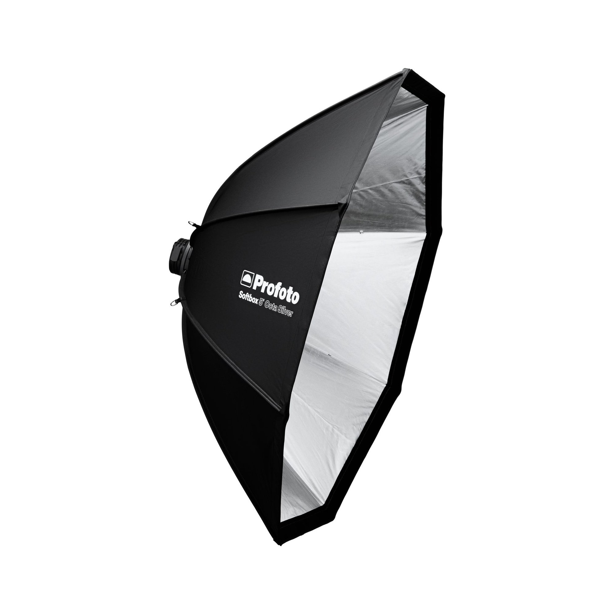 Profoto Softbox 5' Octa Silver in schräger Frontansicht mit silberner Innenbeschichtung.
