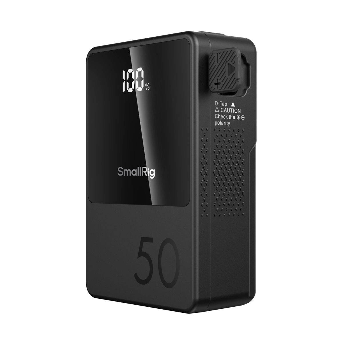 SmallRig 3579 VB50 Mini V-Mount Akku – schräge Ansicht mit seitlichem D-Tap-Anschluss und Bedienelementen