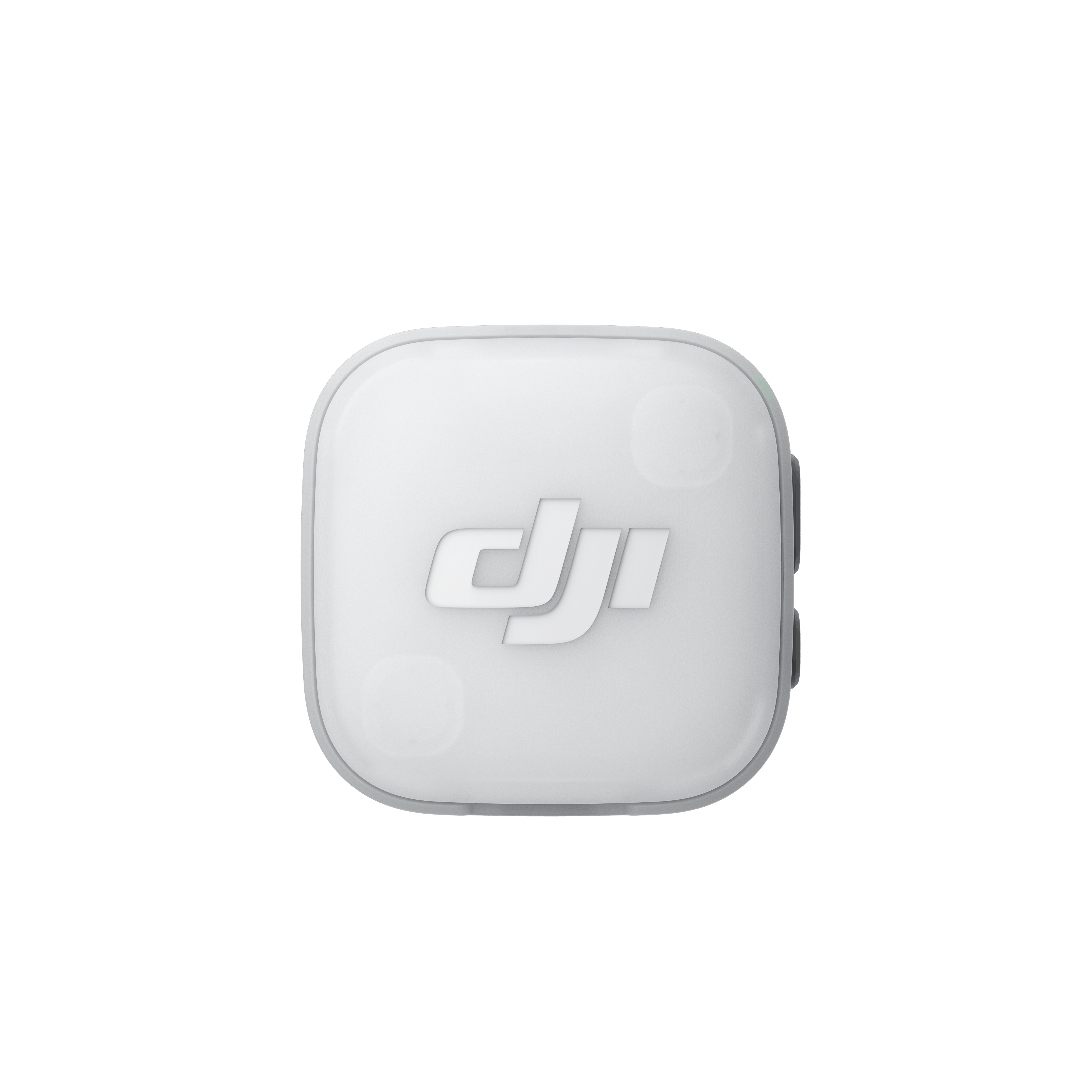 DJI Mic Mini 2 – Draufsicht der weißen Version mit Logo und abgerundeten Gehäusekanten
