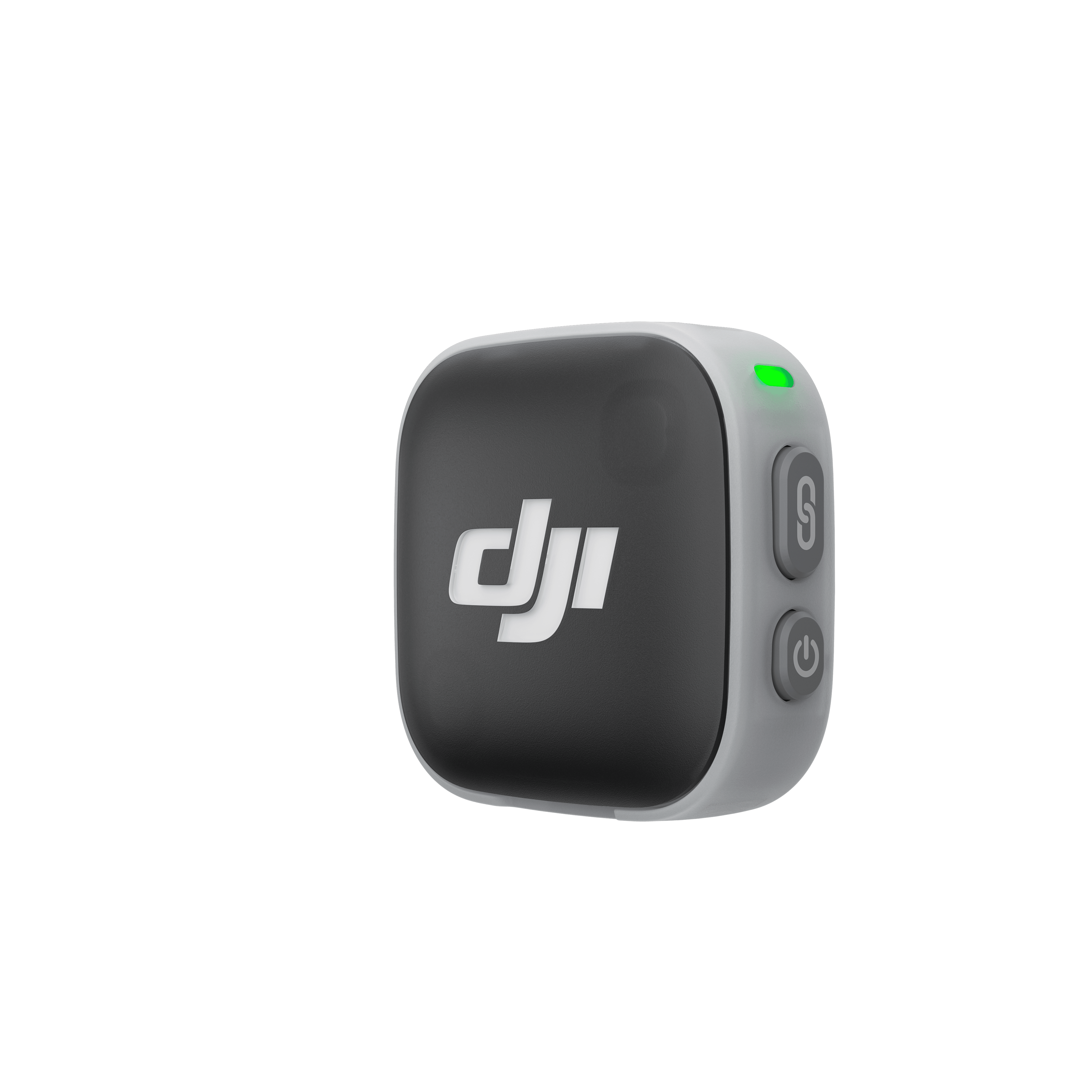 DJI Mic Mini 2 – Vorderansicht des schwarzen Funkmikrofons mit LED-Anzeige und seitlichen Tasten