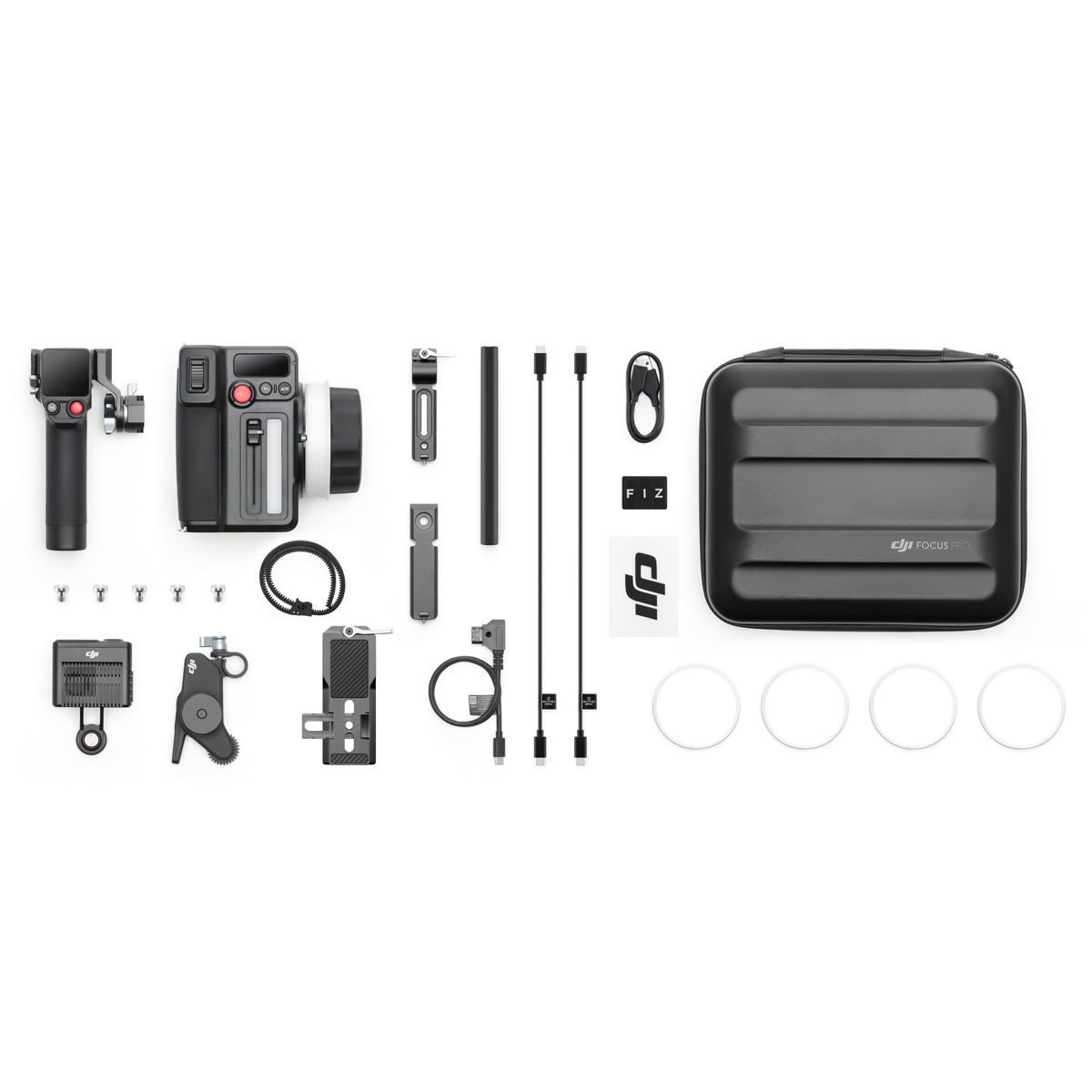DJI Focus Pro All-In-One Combo – übersichtlicher Lieferumfang mit Follow-Focus-Handgriff, Motor, Halterungen und Zubehörteilen