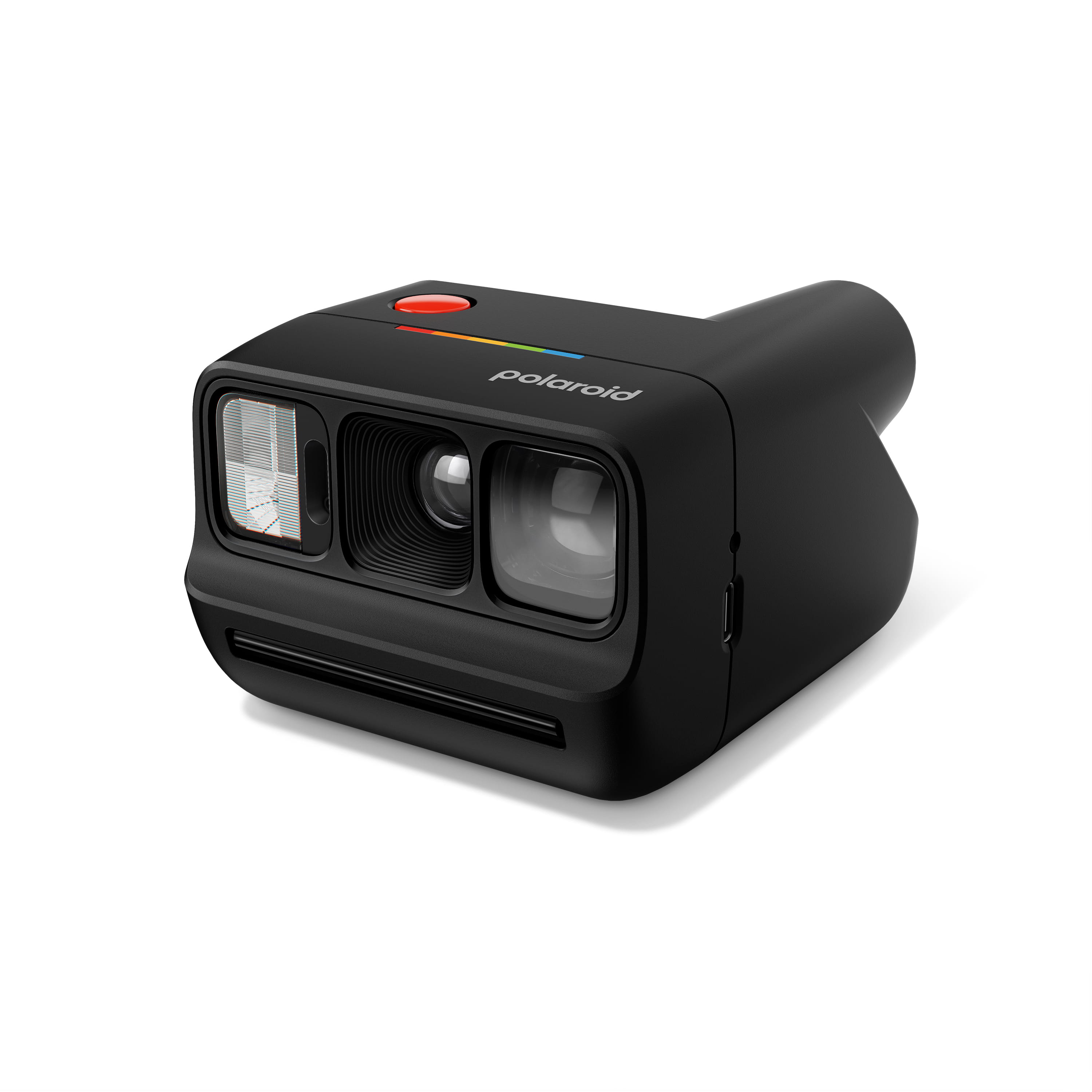 Polaroid Go Generation 3 in Schwarz in schräger rechter Vorderansicht mit Objektiv und Blitz