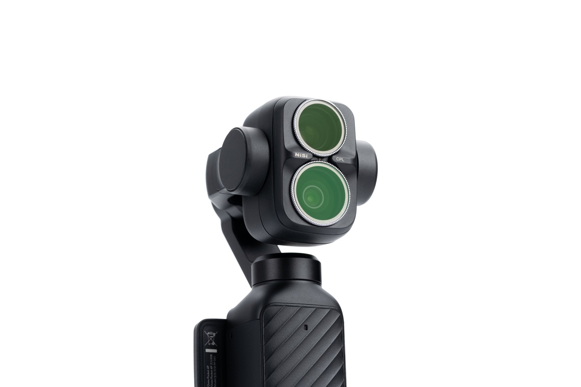 NiSi Professional Filter für DJI Pocket 4 Pro montiert an der Kamera mit aufgesetztem CPL-Filter in Frontansicht.