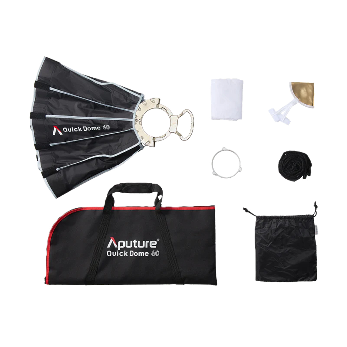 Aputure Quick Dome 60 Softbox mit Tragetasche, Diffusoren, Grid und weiterem Zubehör im Lieferumfang.