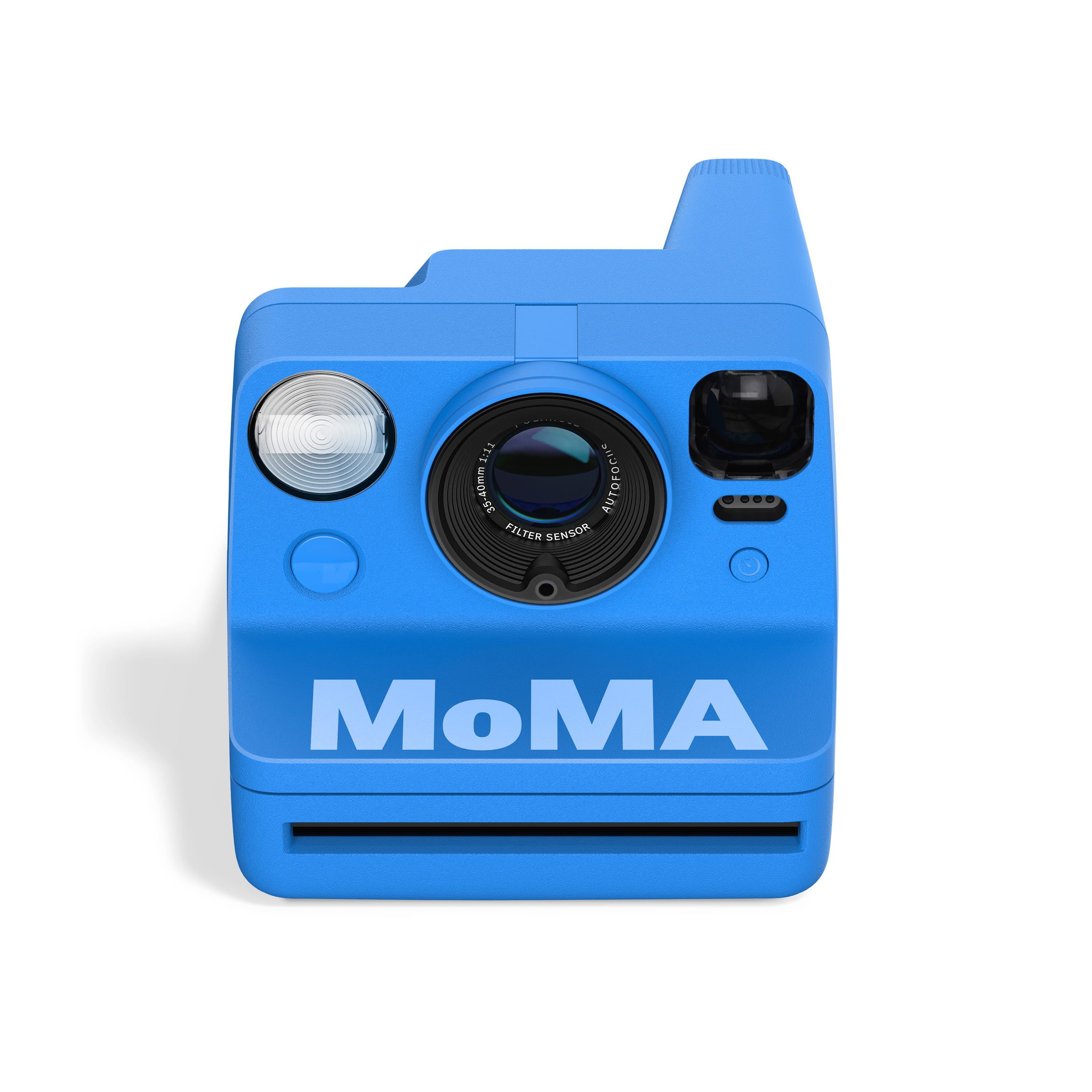 Polaroid Now Generation 3 MoMA Edition – Vorderansicht mit Objektiv, Blitz und integriertem Sucher