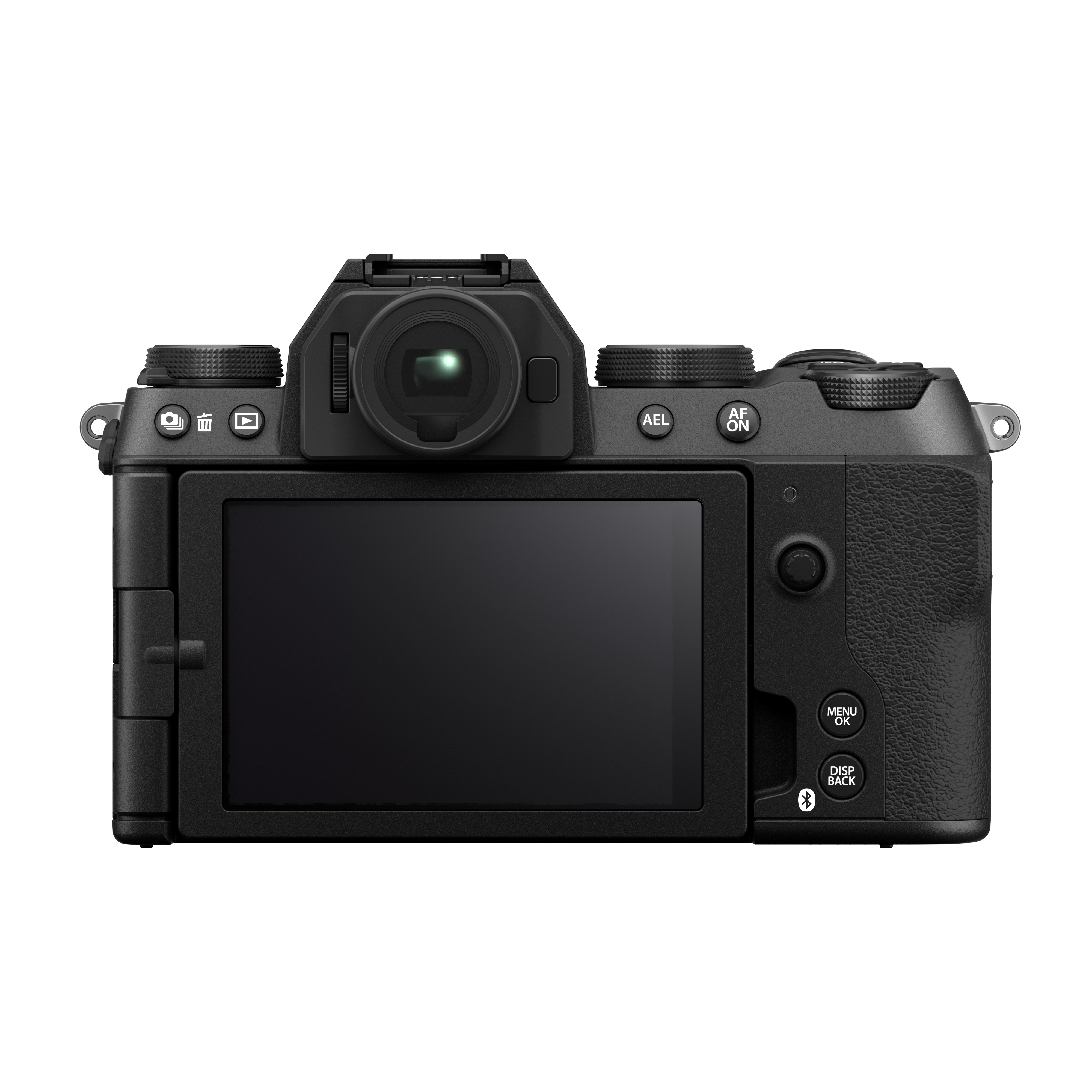 Rückseite der Fujifilm X-S20 mit XC 15-45mm Objektiv, Display, Sucher und Bedienelementen