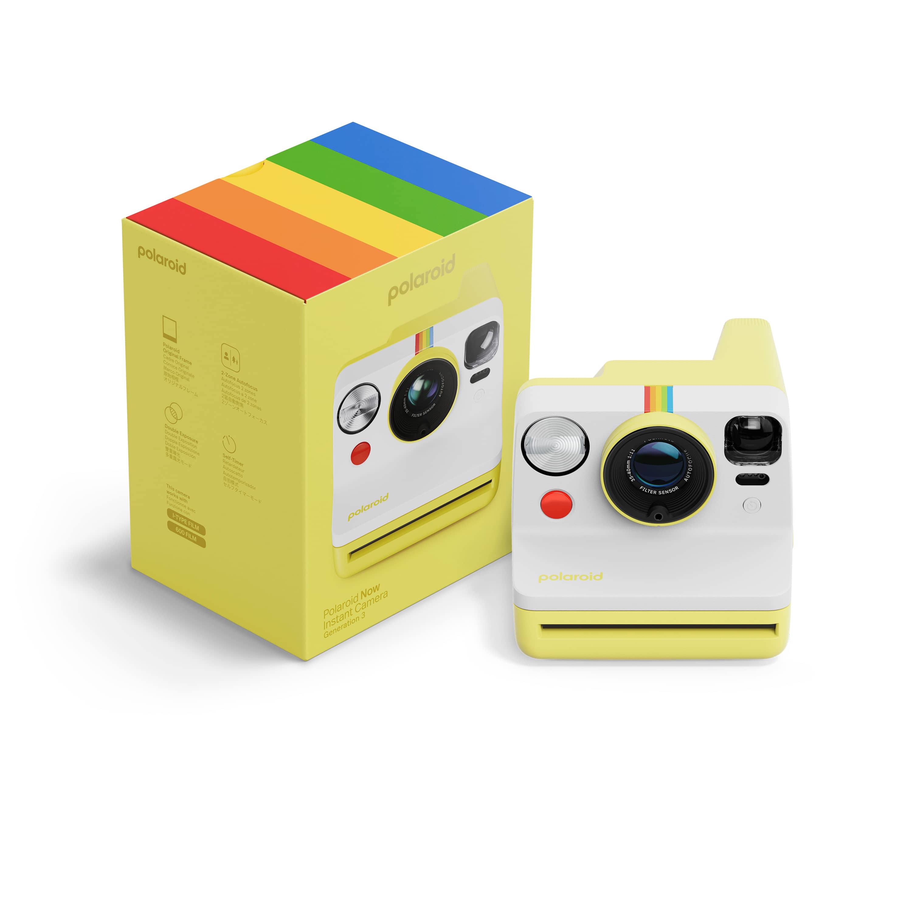 Polaroid Now Gen 3 gelb – Vorderansicht mit Kamera und Verpackung, Produktbox mit farbigem Streifen oben