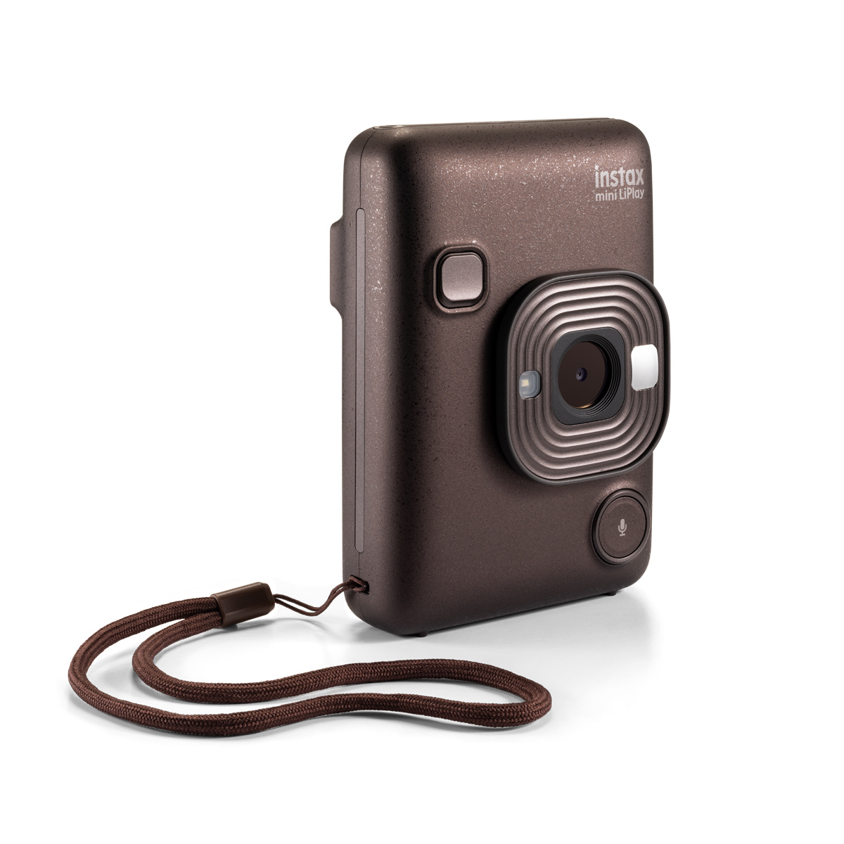 Fujifilm Instax Mini LiPlay Deep Bronze – schräge Vorderansicht mit Objektiv, Auslöser und Handschlaufe