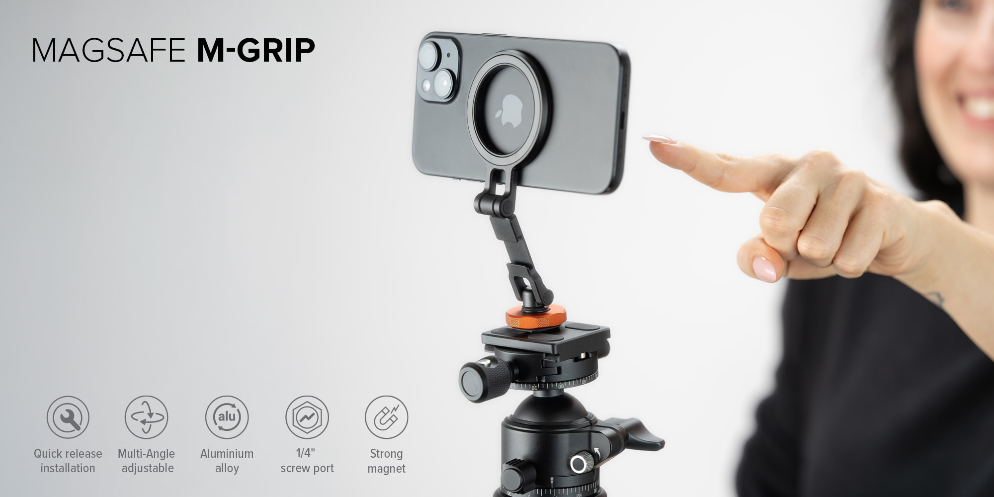 Newell MagSafe M-Grip Smartphone-Halterung mit montiertem iPhone auf Kugelkopf-Stativ