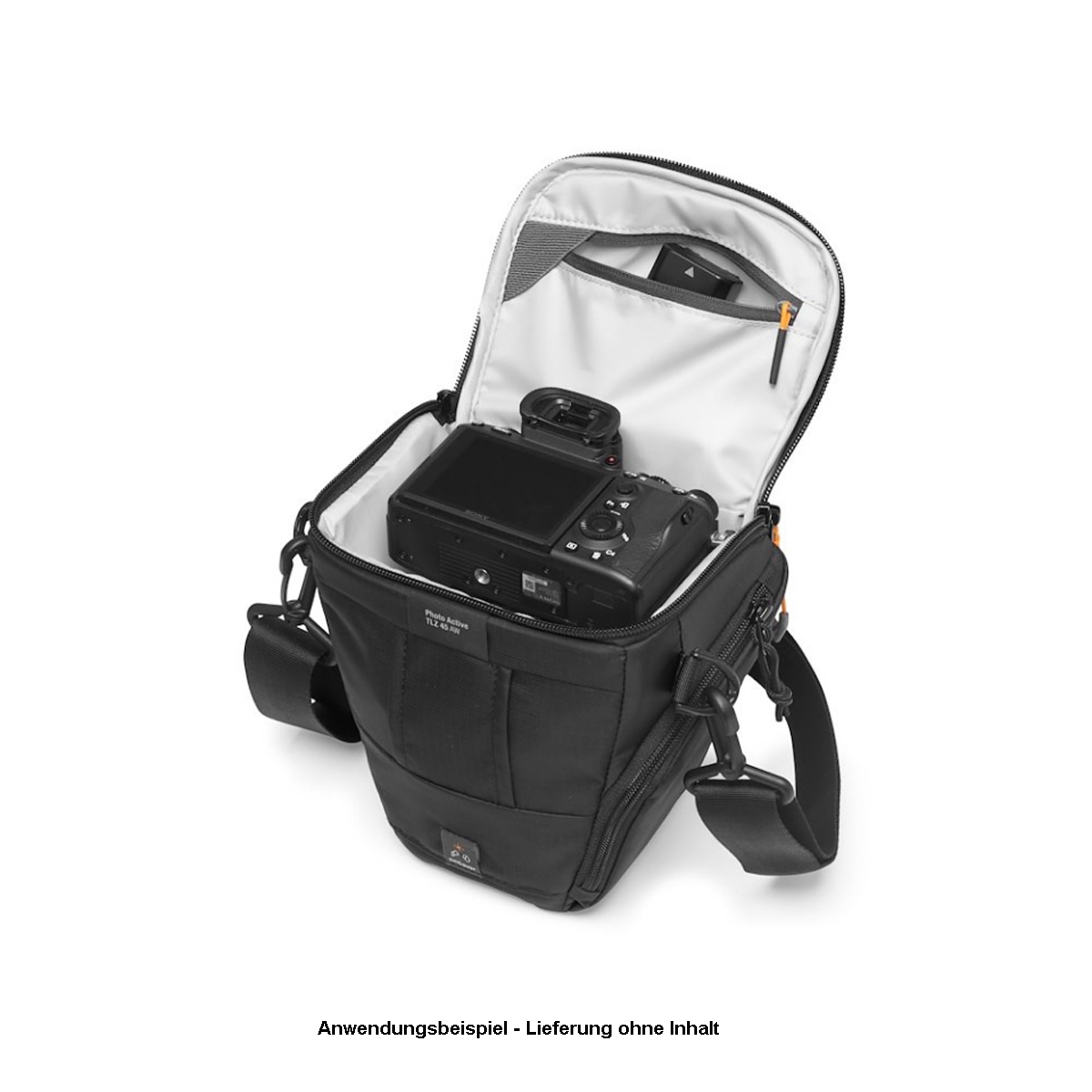 Lowepro Toploader Photo Active TLZ 45 AW – geöffnete Kameratasche mit gepolstertem Innenraum und eingesetzter Kamera