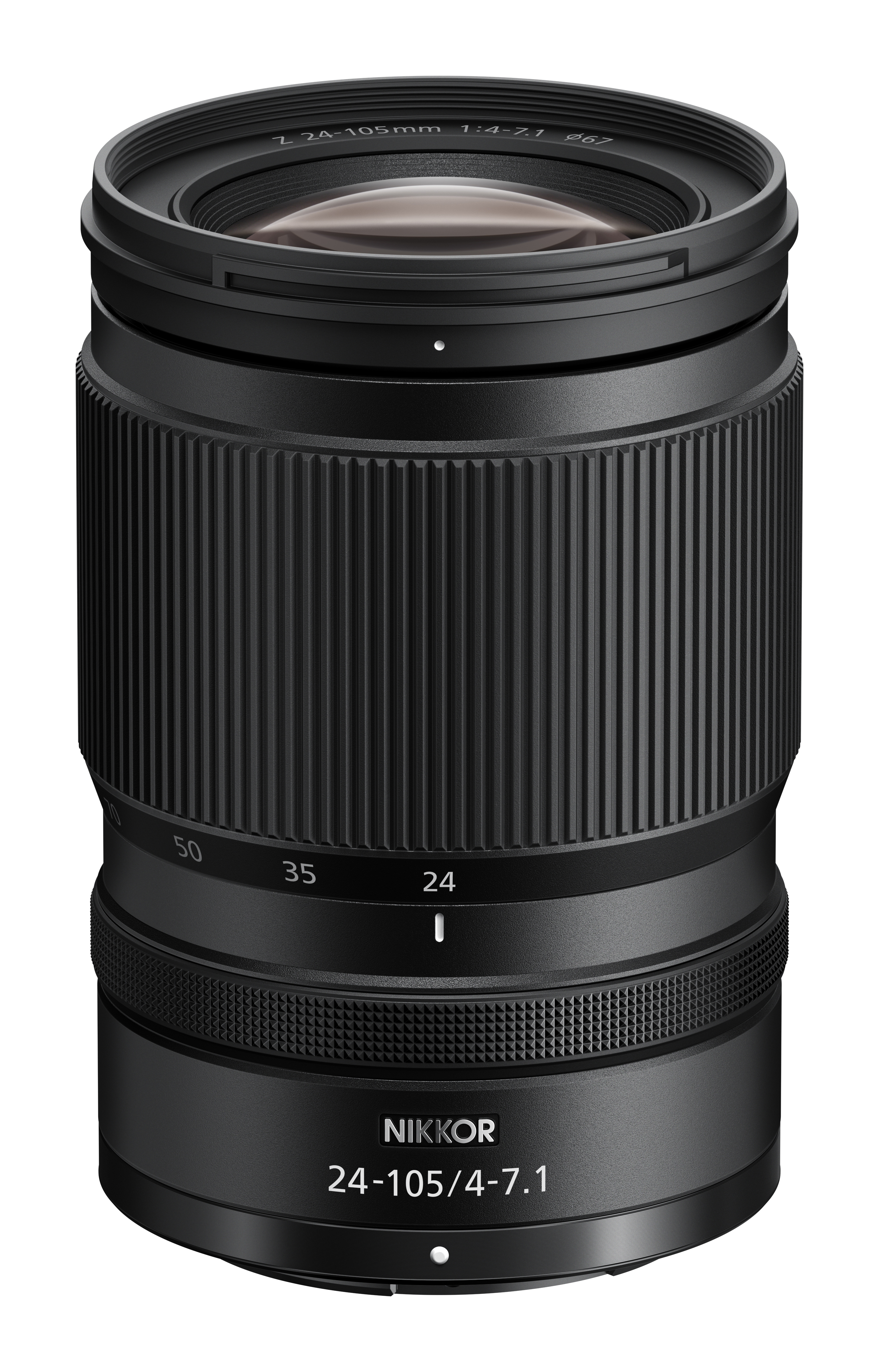 Schräge Vorderansicht des NIKKOR Z 24–105mm F4–7.1 mit sichtbarem Frontglas und markierter Brennweitenskala