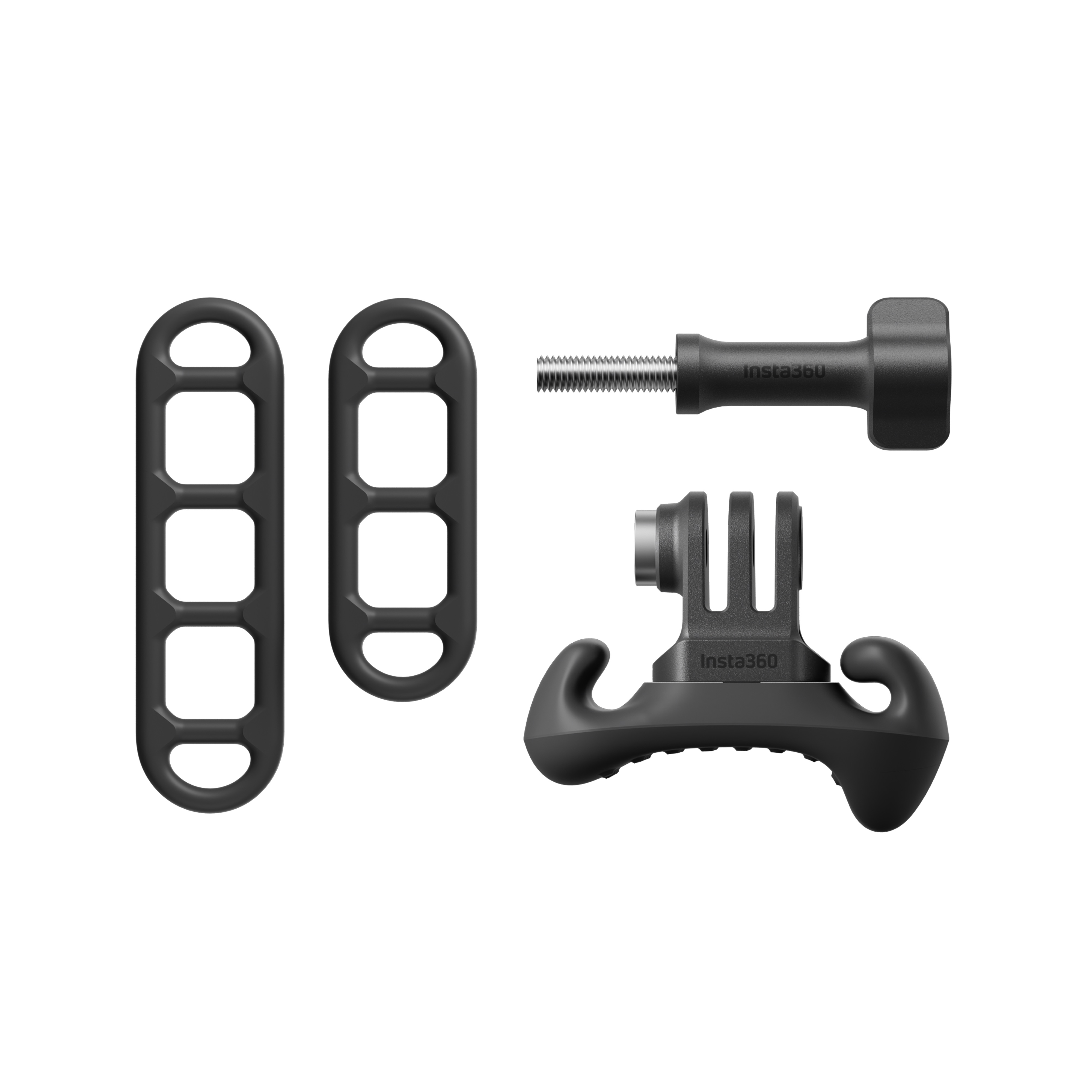 Lieferumfang der Insta360 Ultra Flexi-Riemen-Halterung mit Halterung, Schraube und flexiblen Riemen