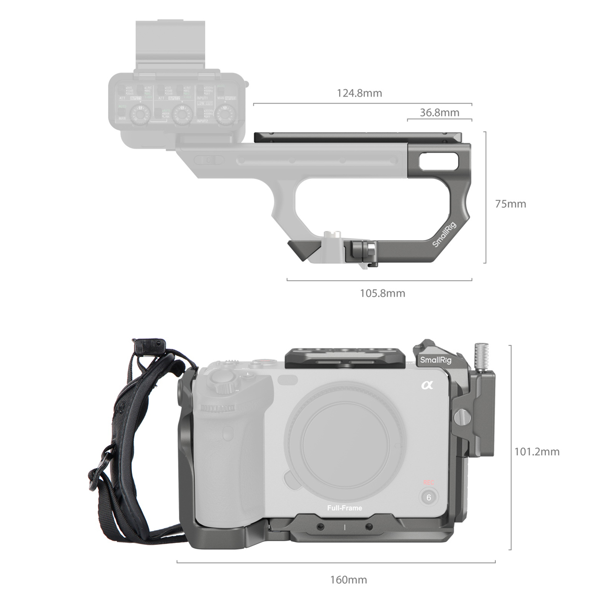 SmallRig 4771 HawkLock QR Advanced Kit für Sony FX3 und FX30 mit Maßangaben für Cage und Top-Handle