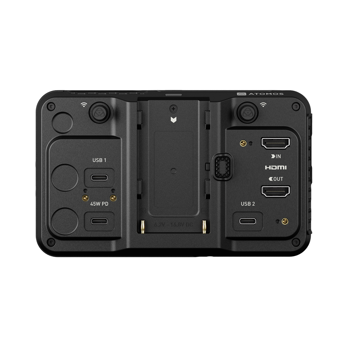 Atomos Ninja TX GO Monitor – Rückseite mit HDMI In/Out, zwei USB-C-Ports, Stromanschluss und Akkufach