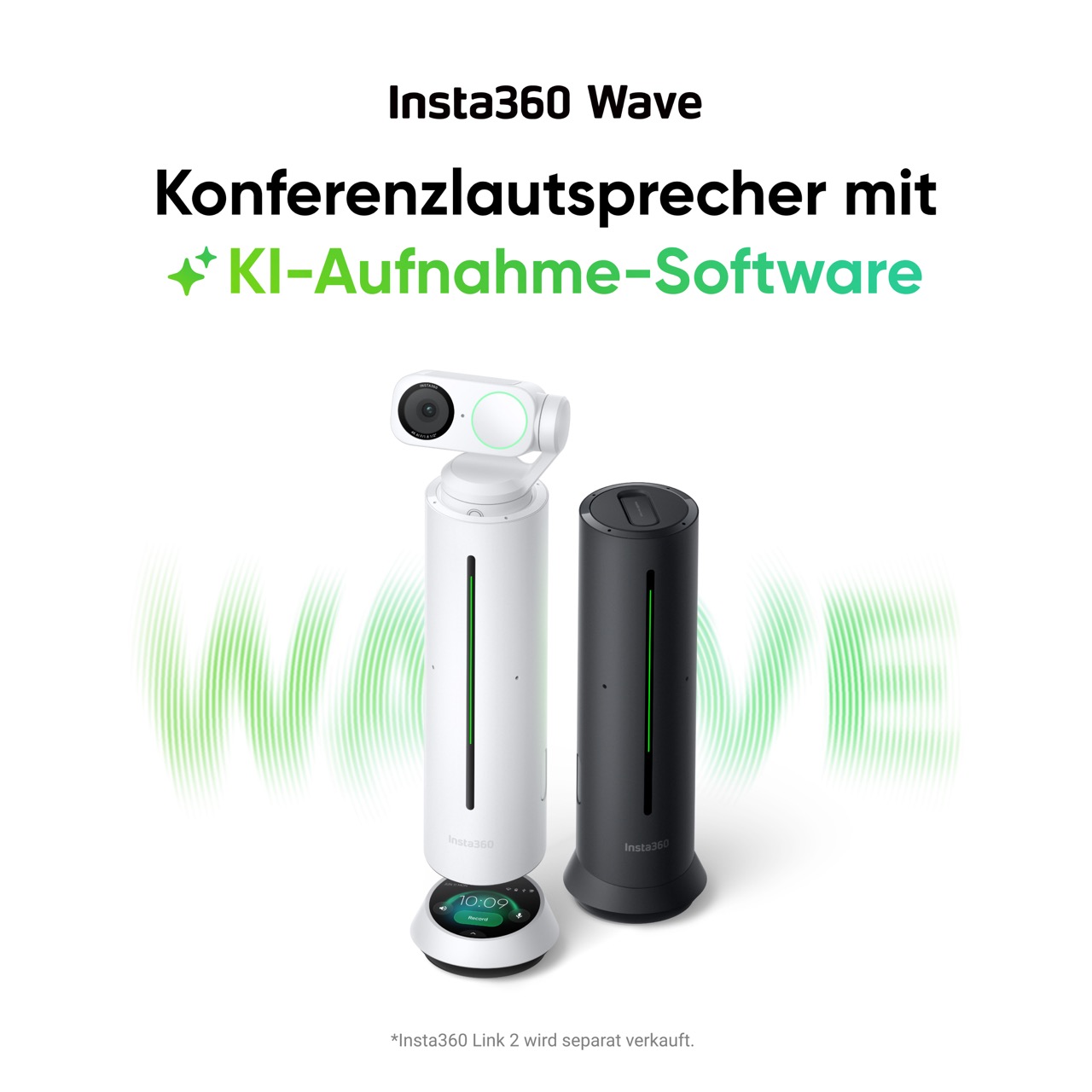 Insta360 Wave Konferenzmikrofon in Schwarz und Weiß – Tischmikrofon für Meetings mit zylindrischem Design und LED-Statusanzeige