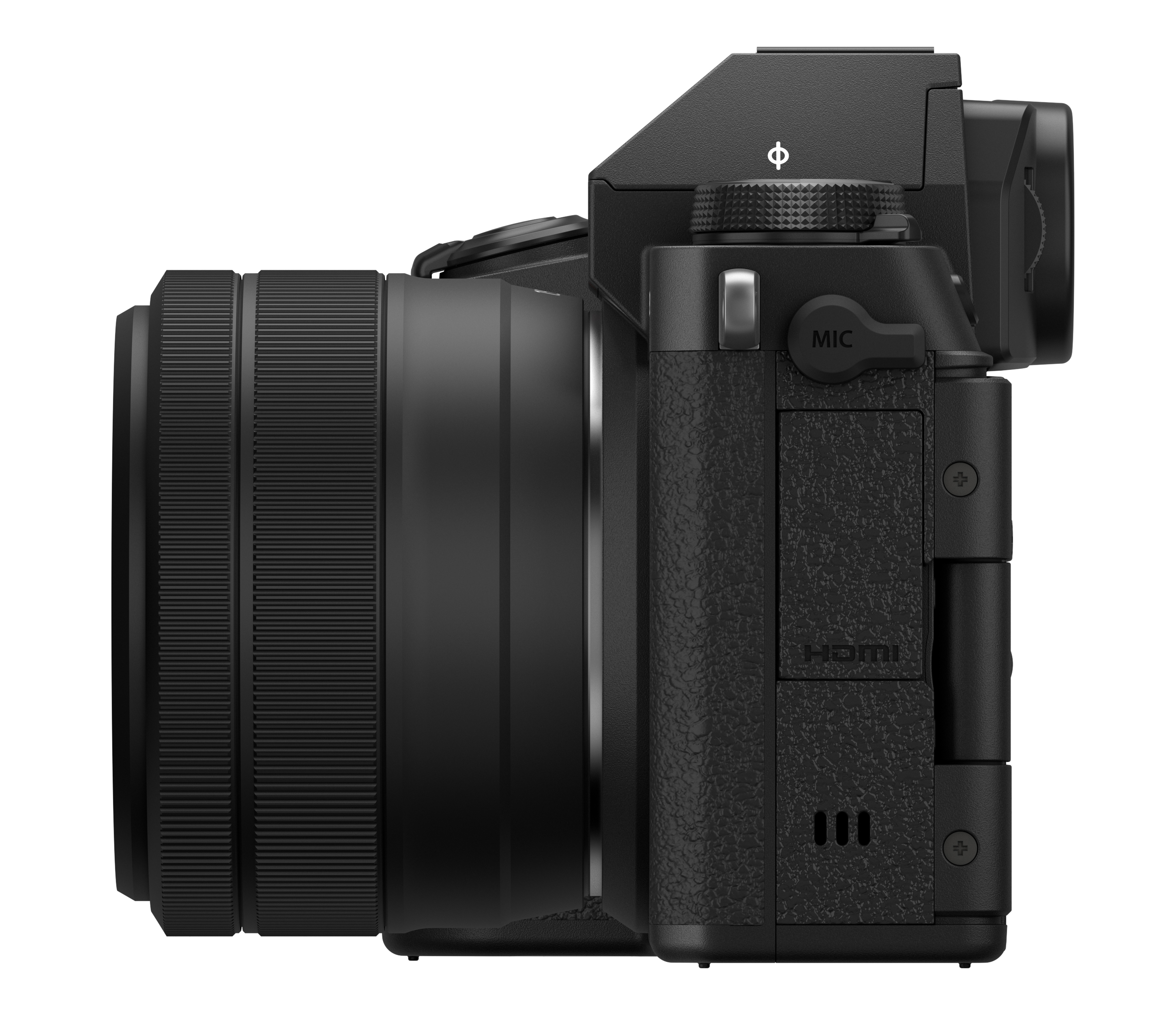 Fujifilm X-S20 mit XC 15-45mm F3.5-5.6 OIS PZ in rechter Seitenansicht mit ausgefahrenem Objektiv