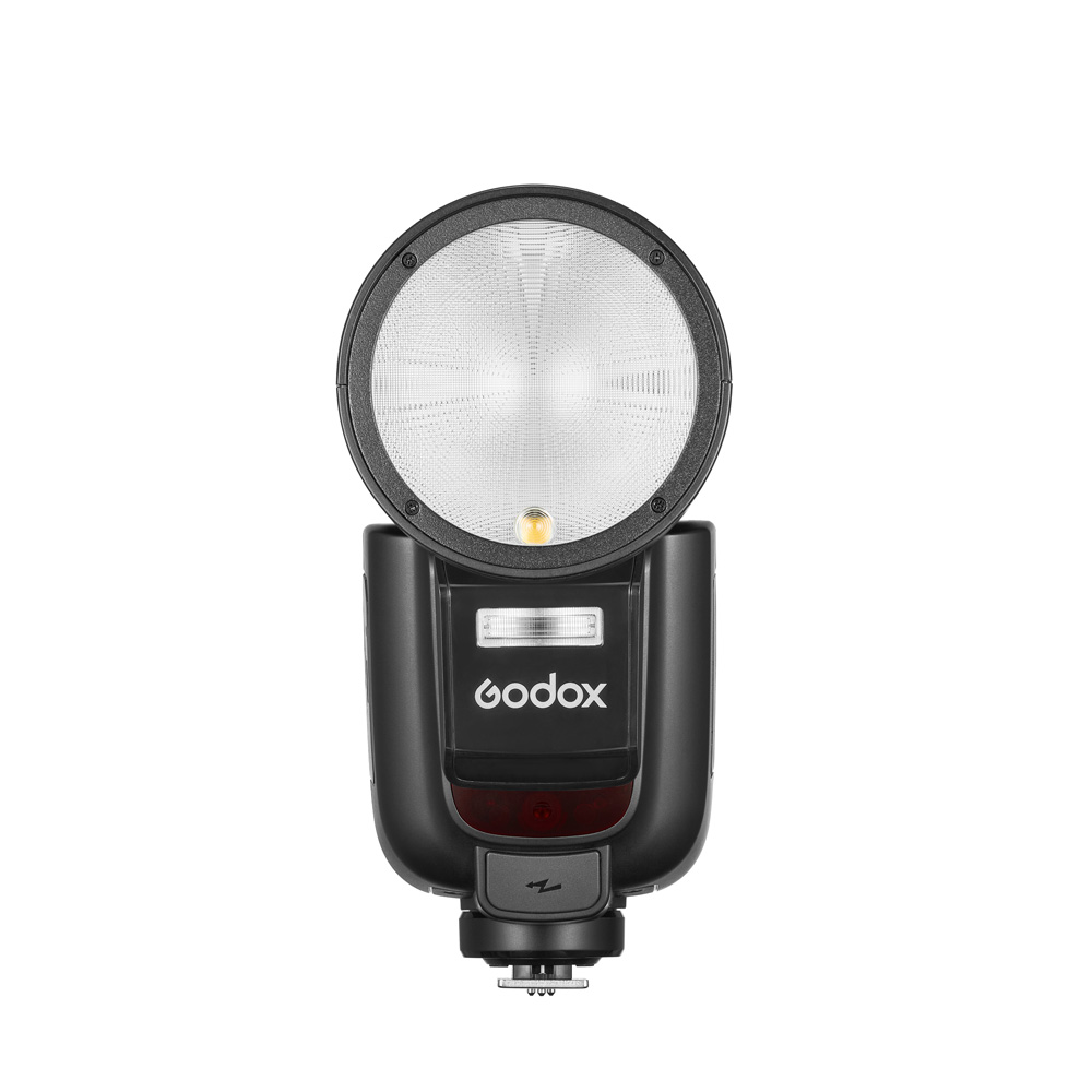 Godox Speedlite V1Pro – Frontansicht mit sichtbarer LED-Einstellleuchte im runden Blitzkopf