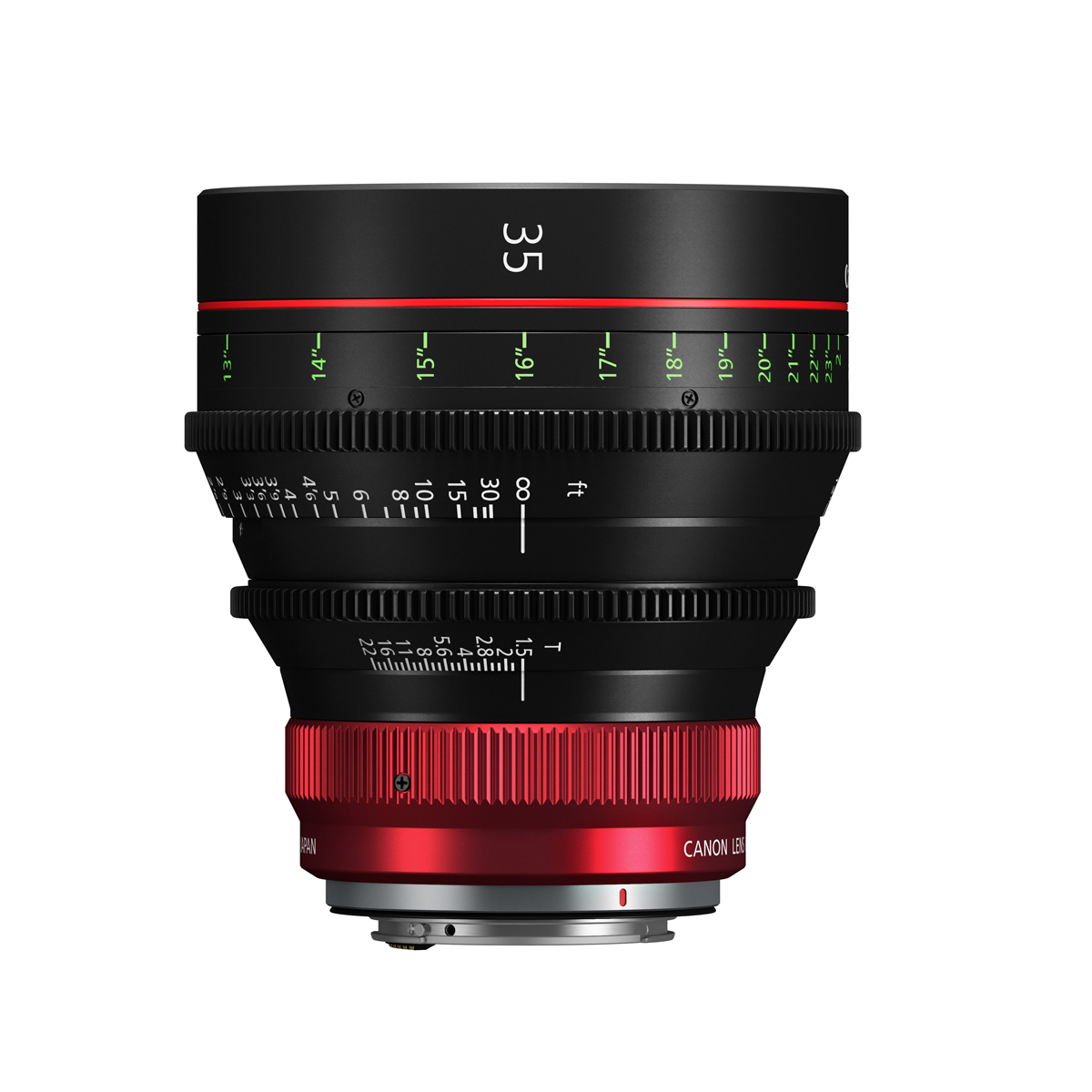 Canon CN-R 35mm T1.5 L F Cine-Objektiv in Seitenansicht mit Fokus-, Blendenring und RF-Bajonett