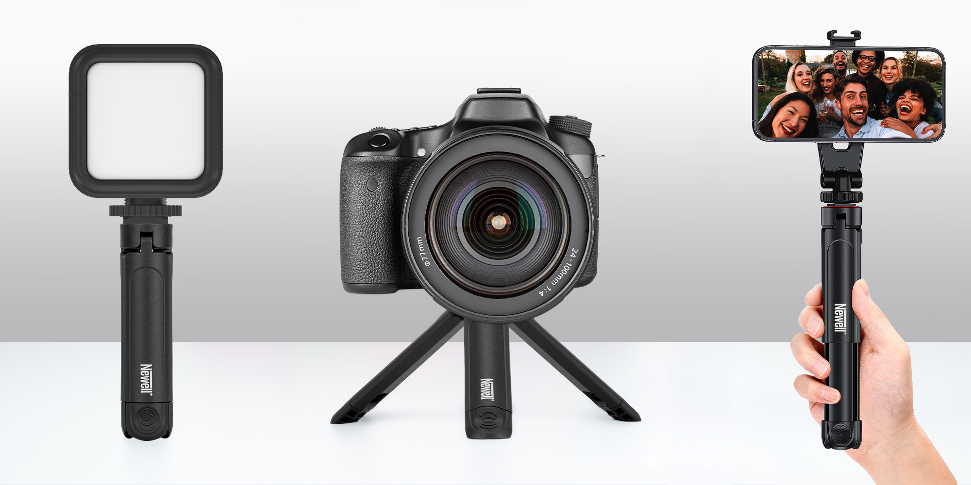 Newell M-Stand Mini Pro – Mini-Stativ mit Kamera, LED-Leuchte und Smartphone im Einsatz