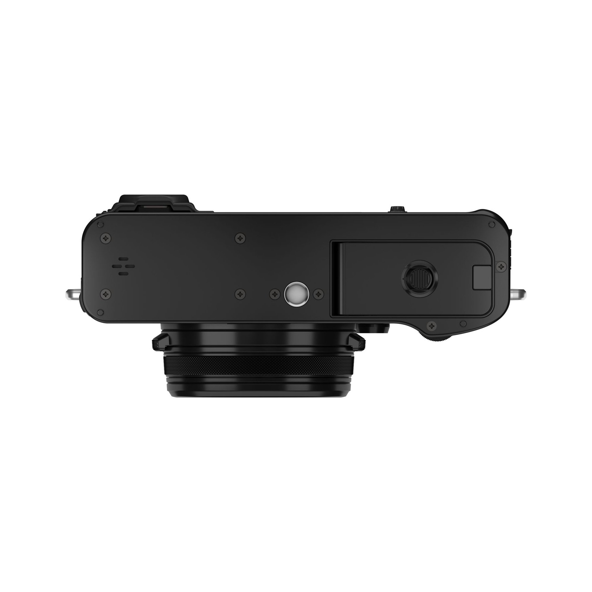Fujifilm X100VI in Schwarz – Unterseite der Kamera mit Stativgewinde und Akkufachabdeckung