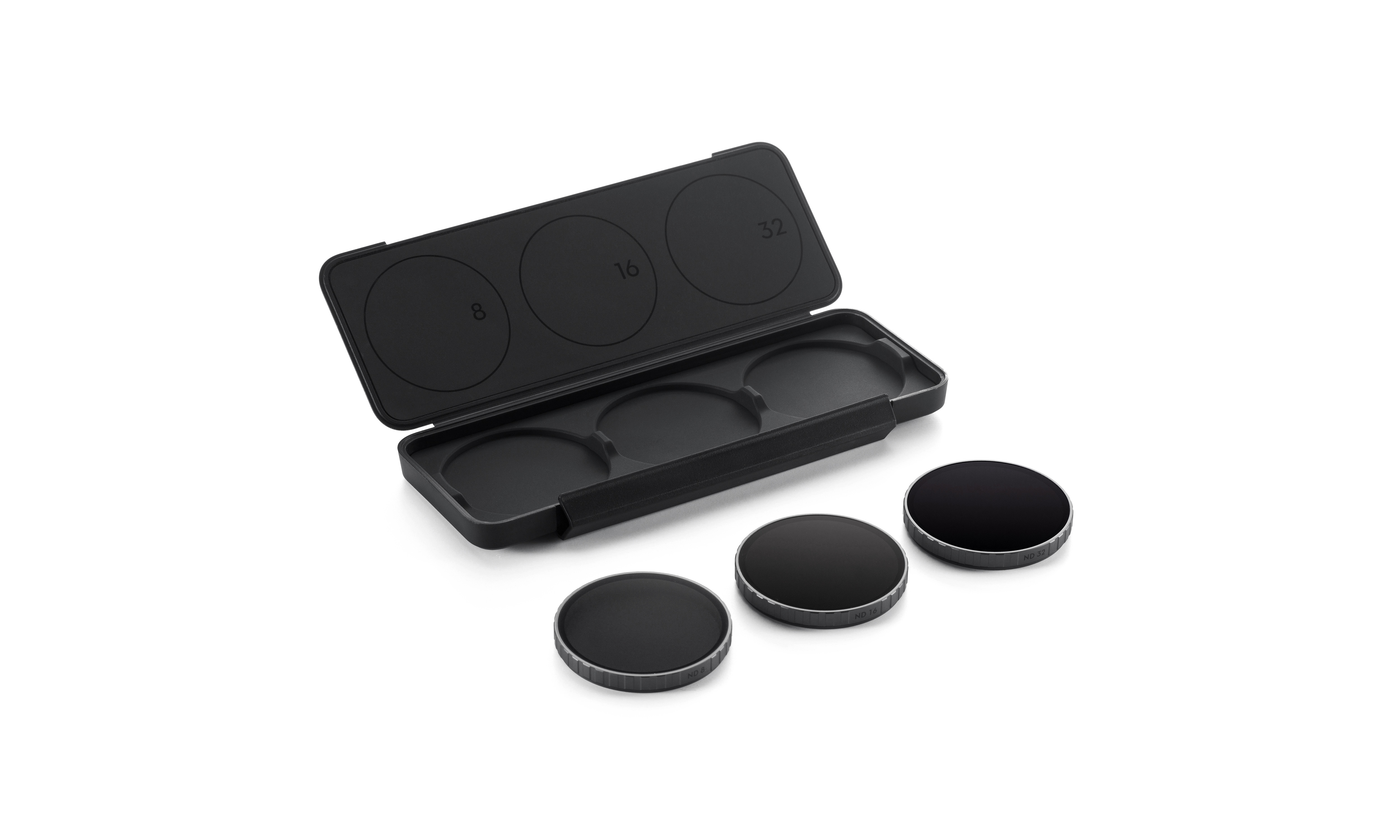 ND Filter Set für DJI Osmo Action 6 DJI Osmo Action 6 ND-Filterset – geöffnete Box mit ND8-, ND16- und ND32-Filtern vor der Aufbewahrungsschale