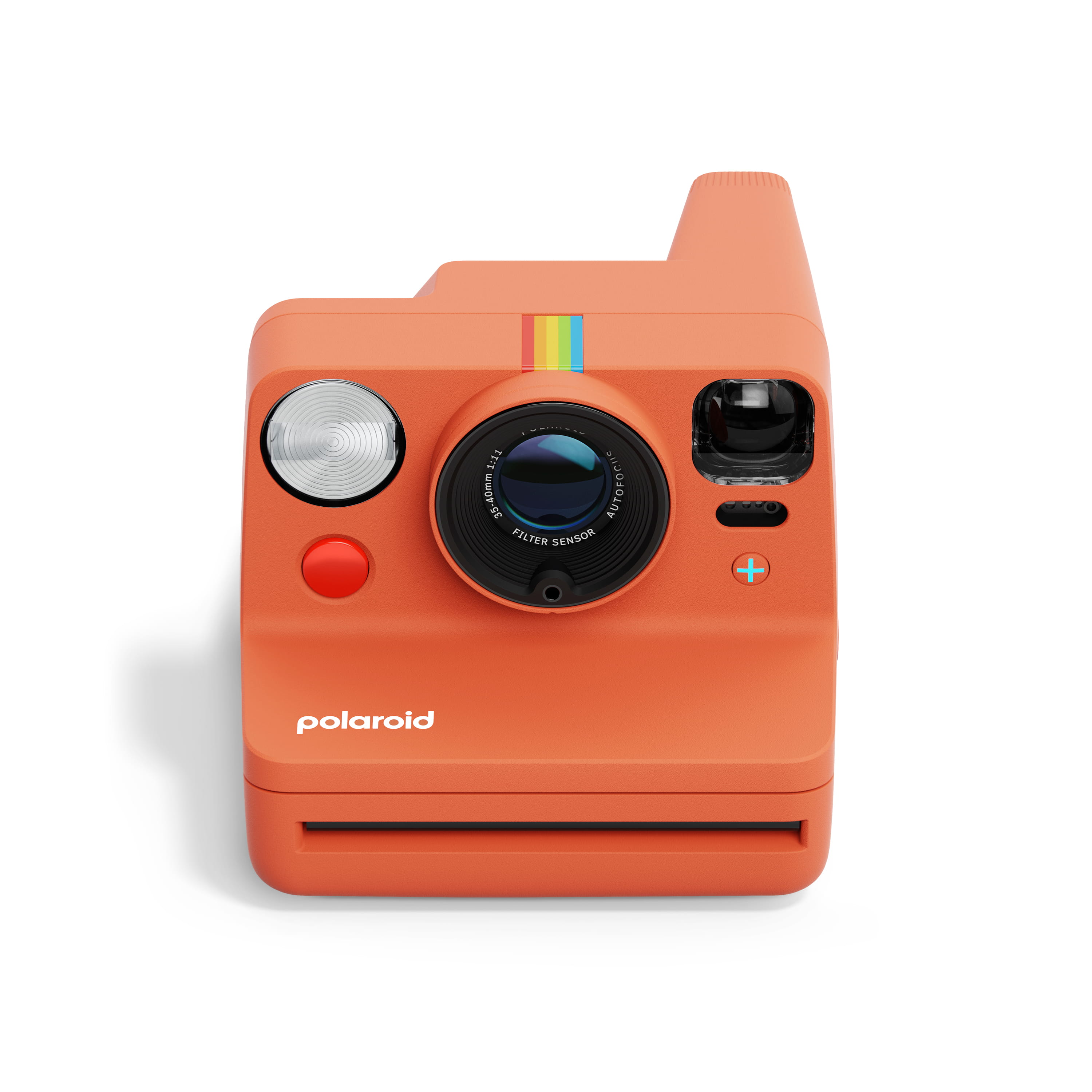 Polaroid Now Gen 3 Plus orange – Vorderansicht mit Objektiv, Blitz, Auslöser und Filmausgabe