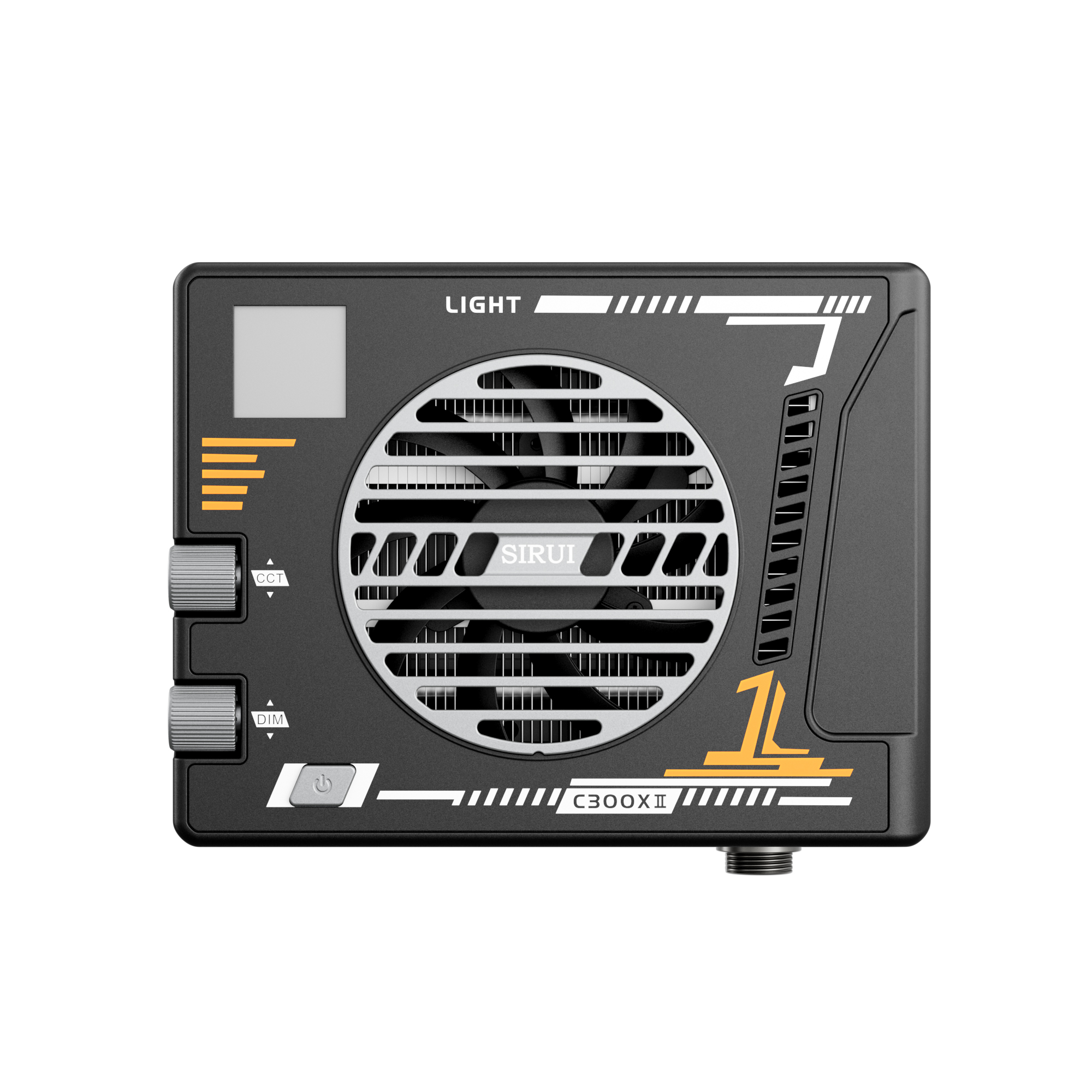 C300X II LED – Rückseite der Videoleuchte mit Lüfter, Display sowie Reglern für Helligkeit und Farbtemperatur