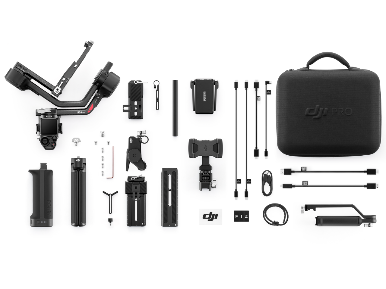 RS 4 Pro Combo DJI RS4 Pro Gimbal im Combo Set Ansicht des gesamten Lieferumfangs