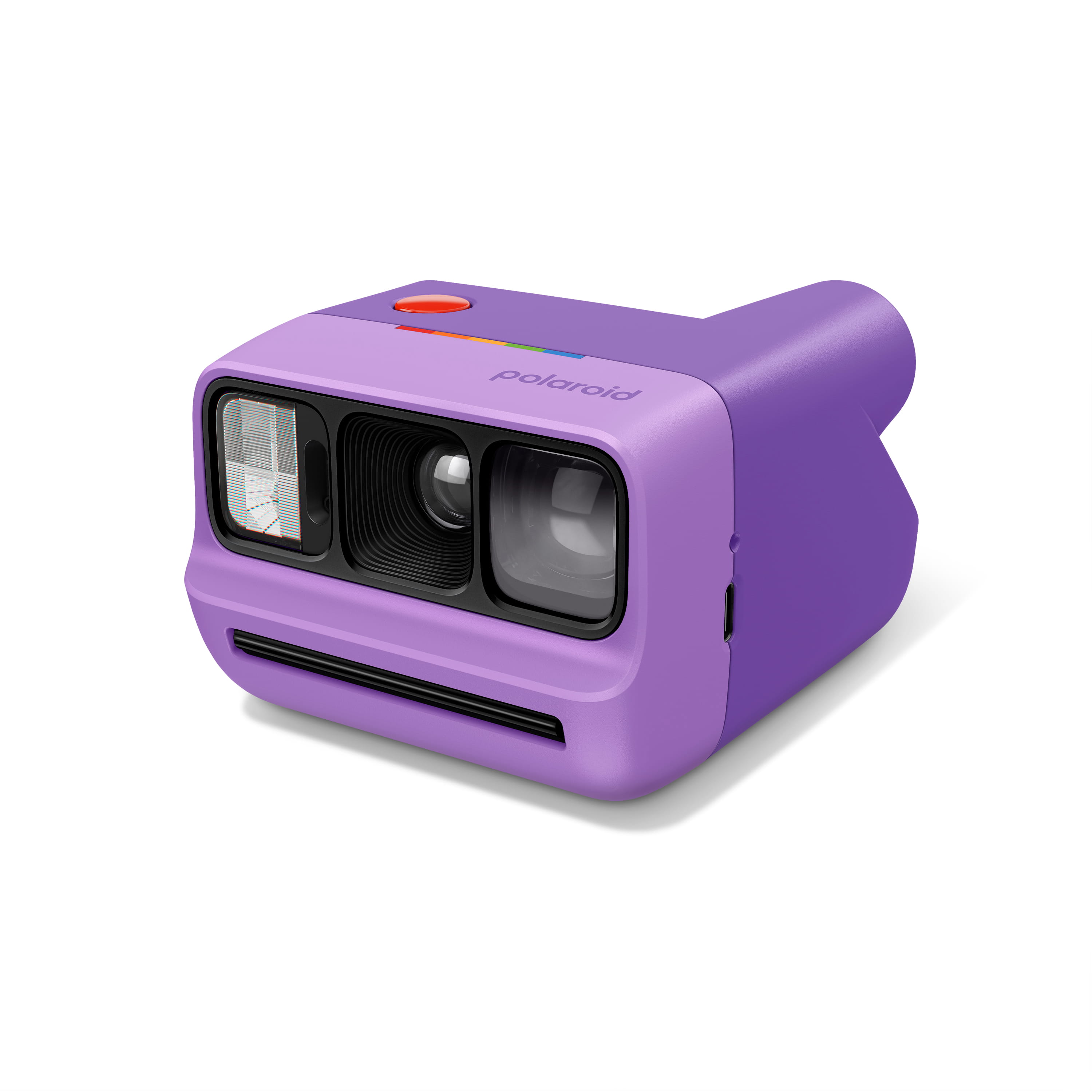 Polaroid Go Generation 3 in Lila in schräger rechter Vorderansicht mit Objektiv und Blitz