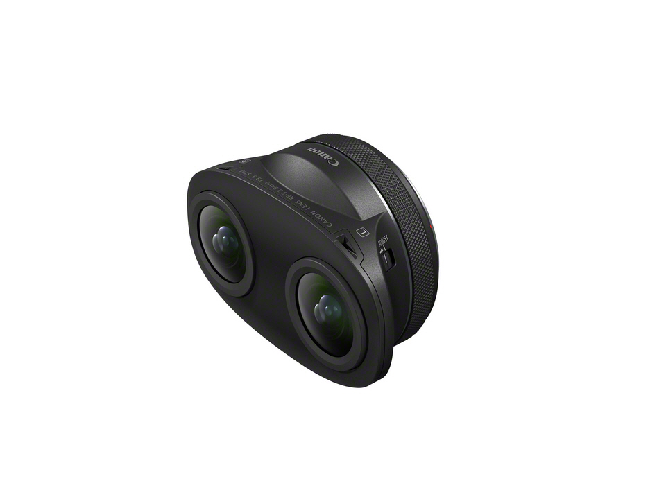 RF-S 3.9mm F3.5 STM Dual Fisheye Canon RF-S 3.9mm F3.5 STM Dual Fisheye Objektiv, liegend ansicht schräg oben