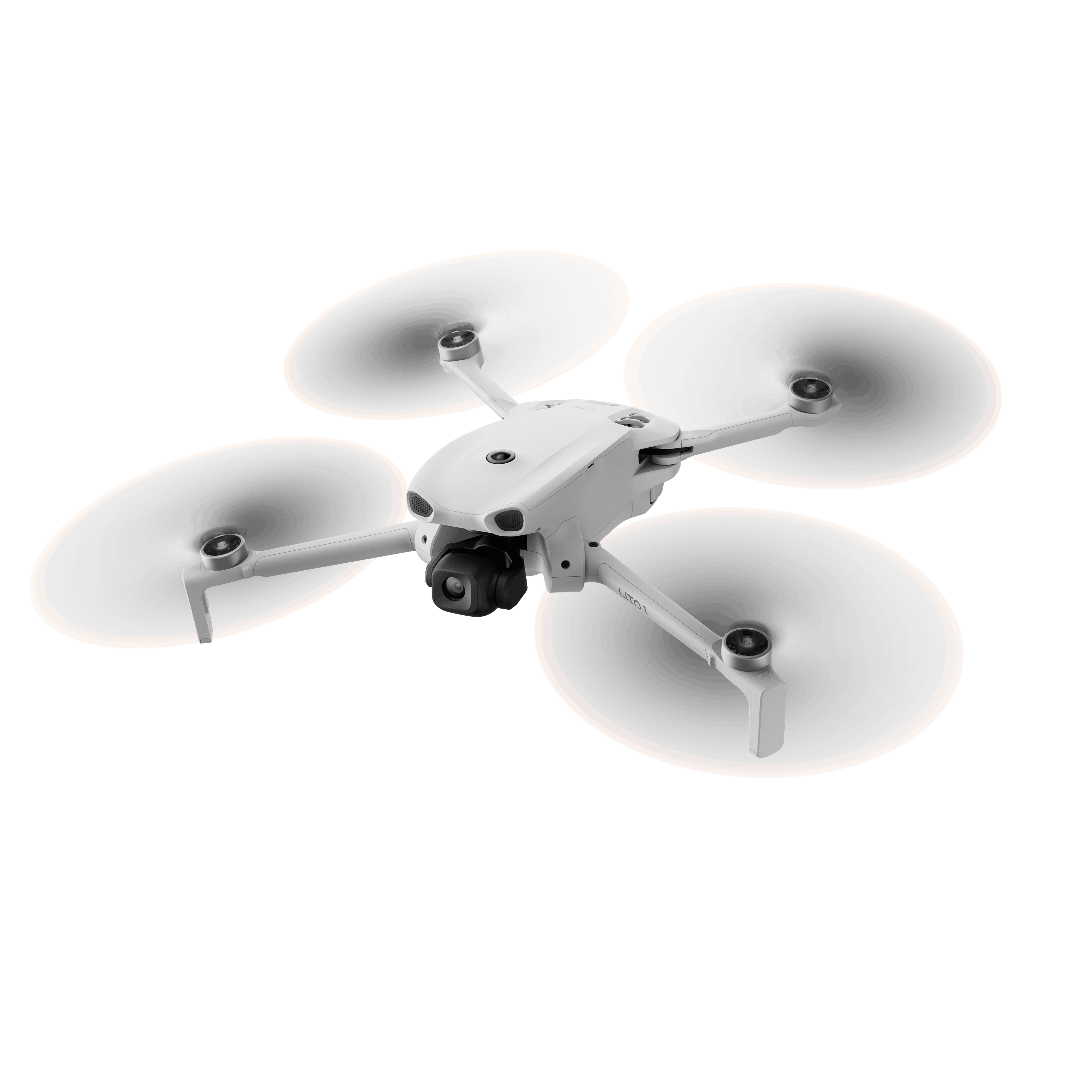 DJI Lito 1 Drohne in schräger Vorderansicht mit Propellerschutz und integrierter Kamera vor schwarzem Hintergrund