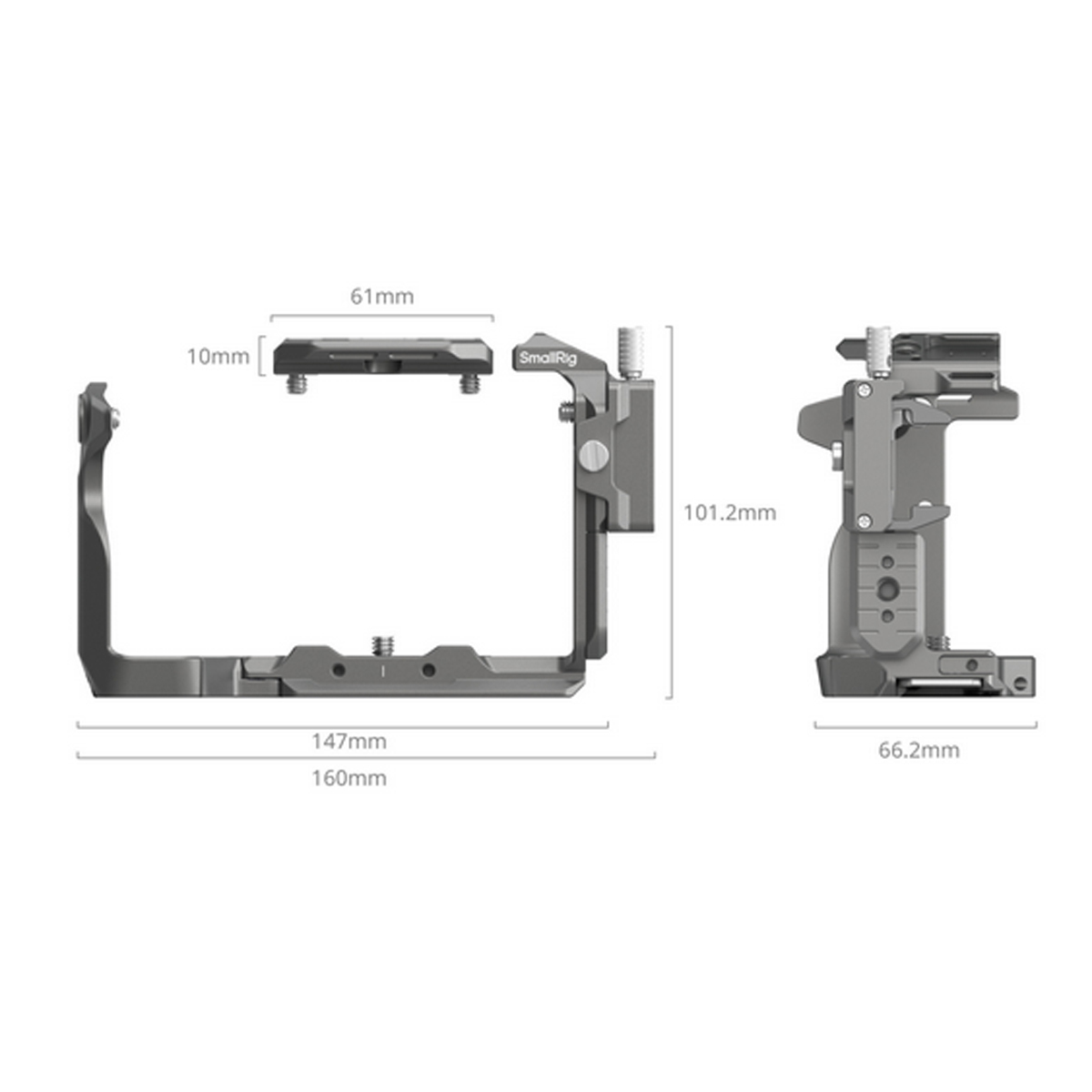 SmallRig 4770 HawkLock QR Cage Kit für Sony FX3 und FX30 mit Maßangaben des Kamerarahmens