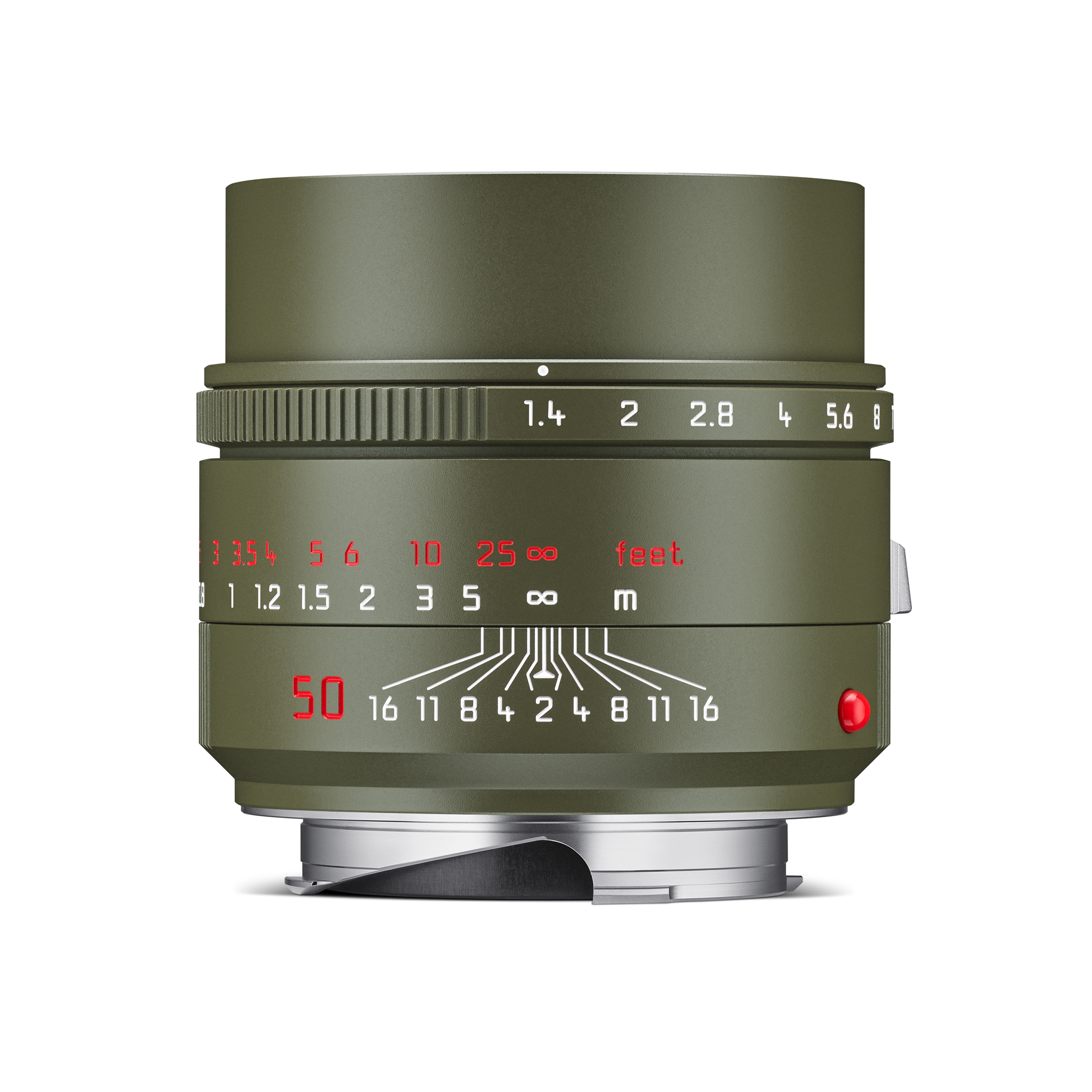 Summilux-M 50mm F1.4 ASPH. Safari (Olivgrün) – Leica M-Mount Leica Summilux-M 50 mm F1.4 ASPH Safari – Seitenansicht des olivgrünen Objektivs mit Fokus- und Blendenring sowie Entfernungsskala