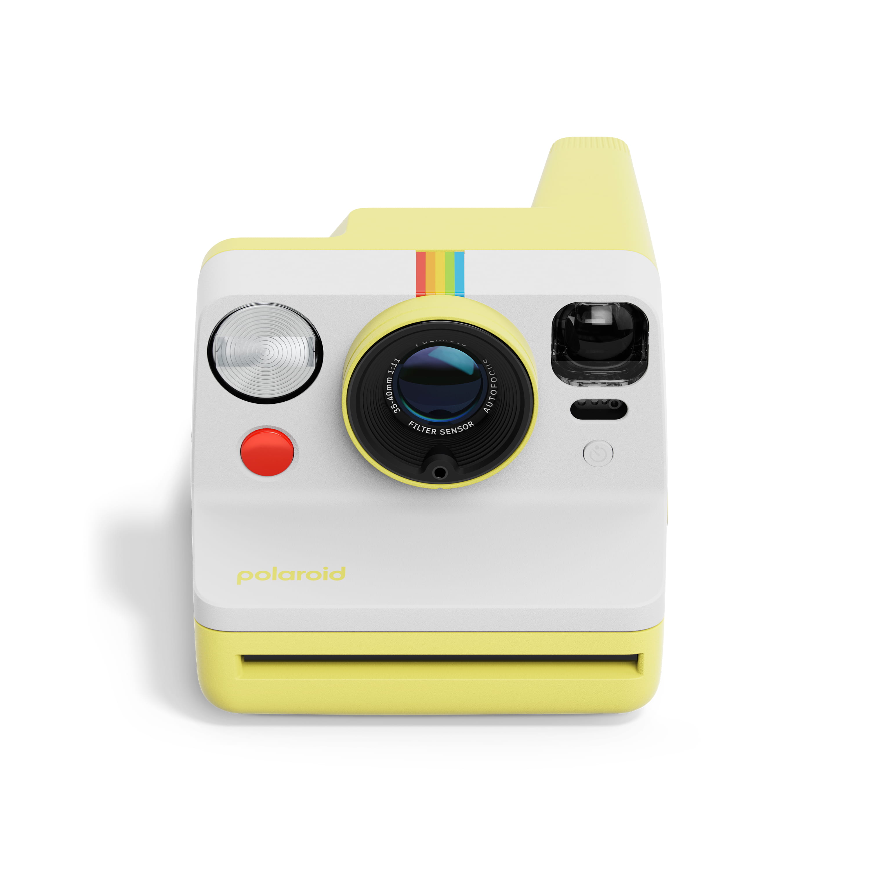 Polaroid Now Gen 3 gelb – Vorderansicht mit Objektiv, Blitz, Auslöser und Filmausgabeschlitz