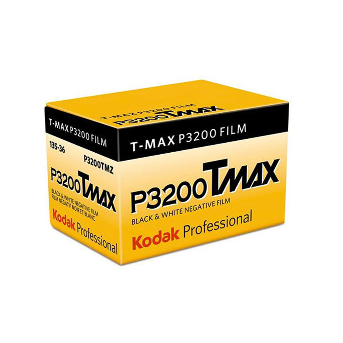 Kodak T-Max P3200 TMZ 135/36 – Schrägansicht der Verpackung für Schwarzweißfilm mit hoher Empfindlichkeit ISO 3200