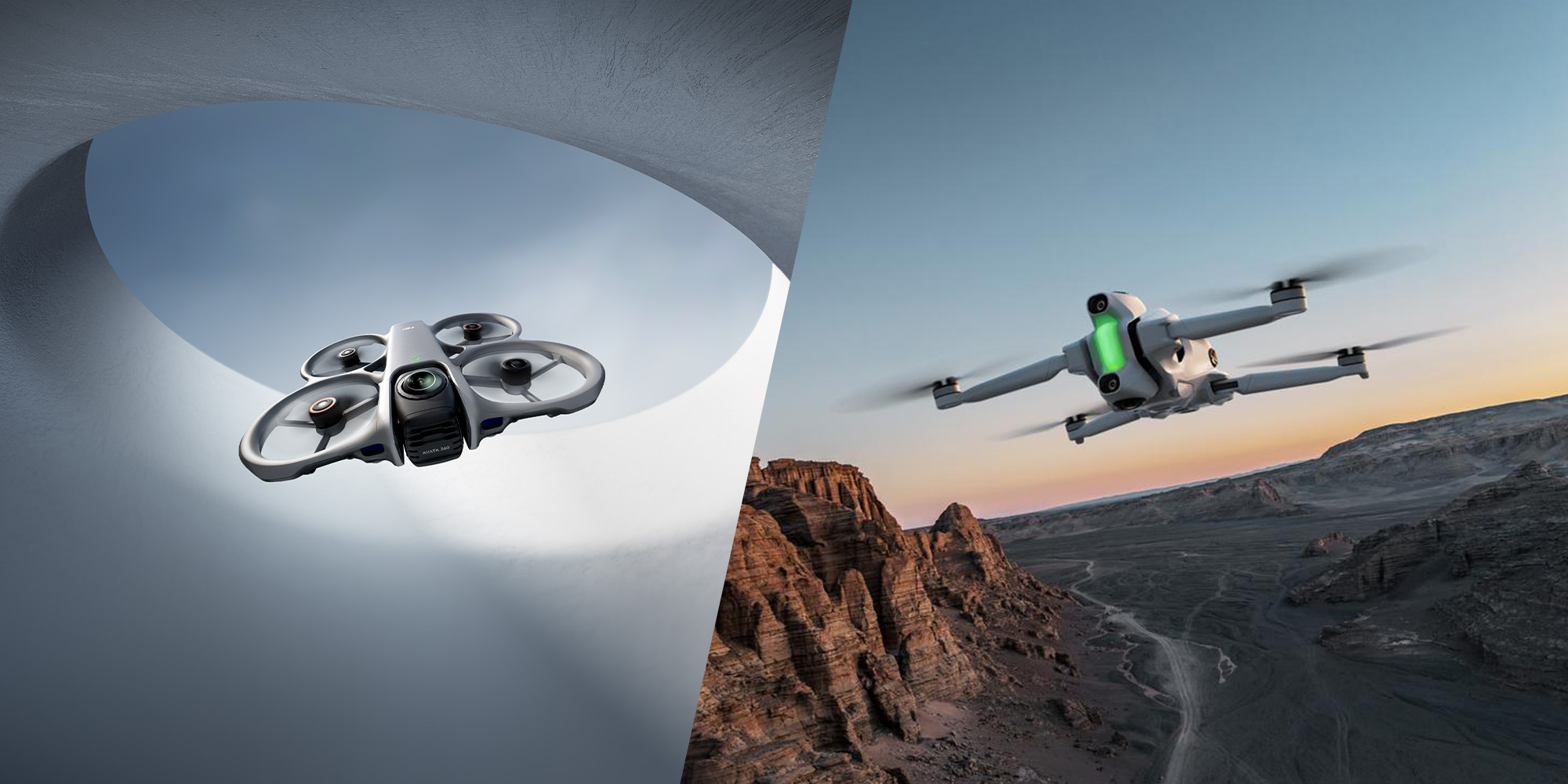 Antigravity A1 und DJI Avata 360 – Vergleichsansicht zweier 360-Grad-Drohnen im Flug und Produktdarstellung nebeneinander