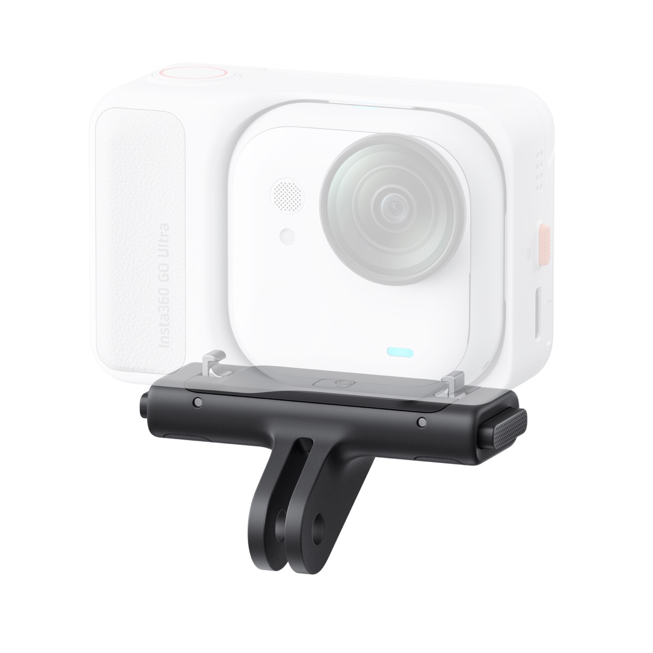 Insta360 GO Ultra Schnellspann-Halterung in Vorderansicht, montiert an Kamera mit Arretierung und Anschlussaufnahme