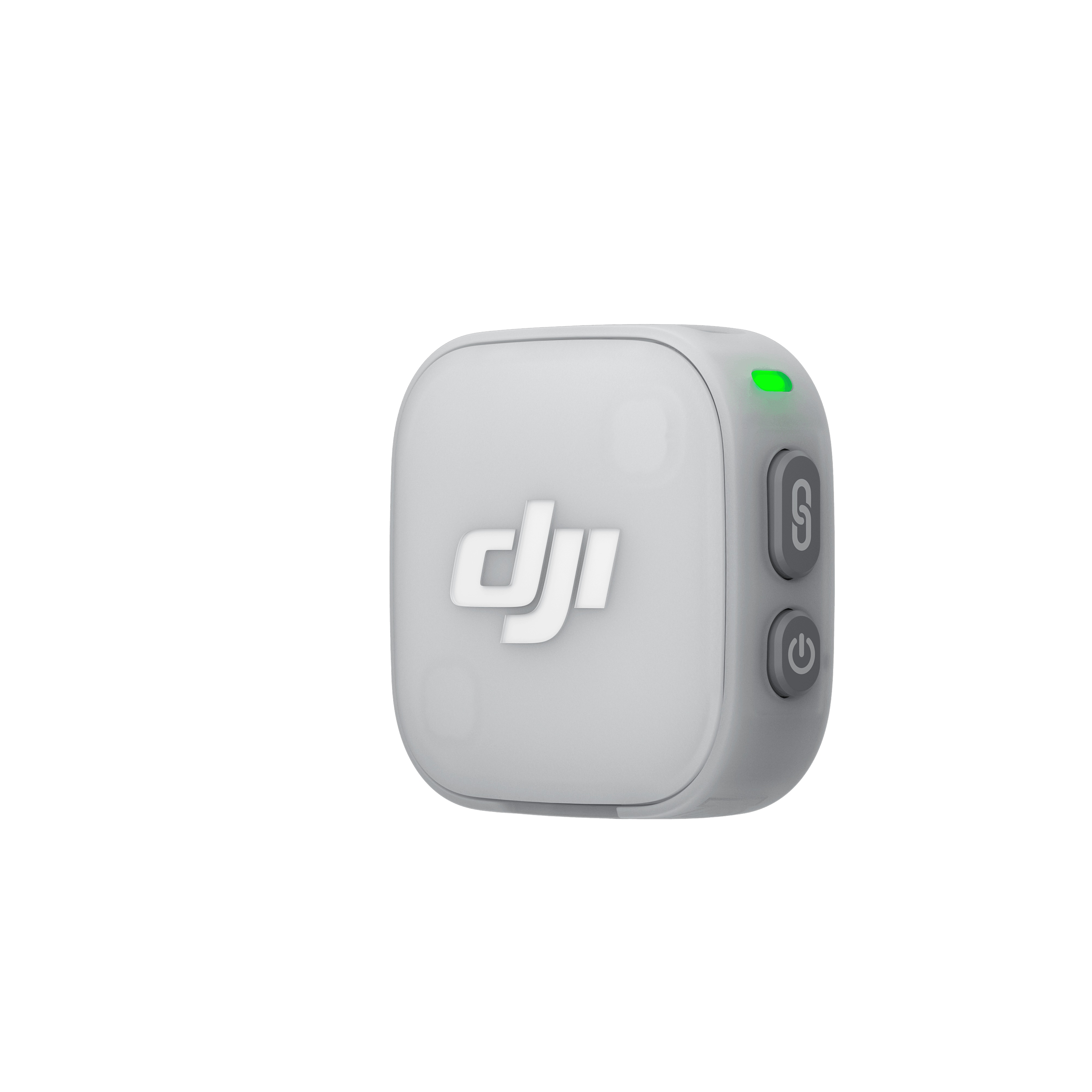 DJI Mic Mini 2 – Vorderansicht des weißen Funkmikrofons mit Status-LED und seitlichen Bedientasten