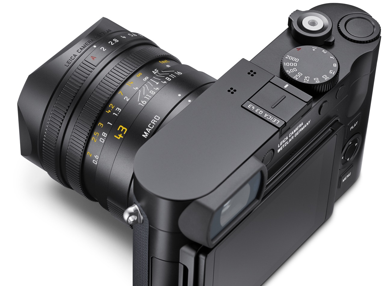 Q3 43 Leica Q3 43 Kompaktkamera in Schwarz, Ansicht von Hinten Schräg links oben