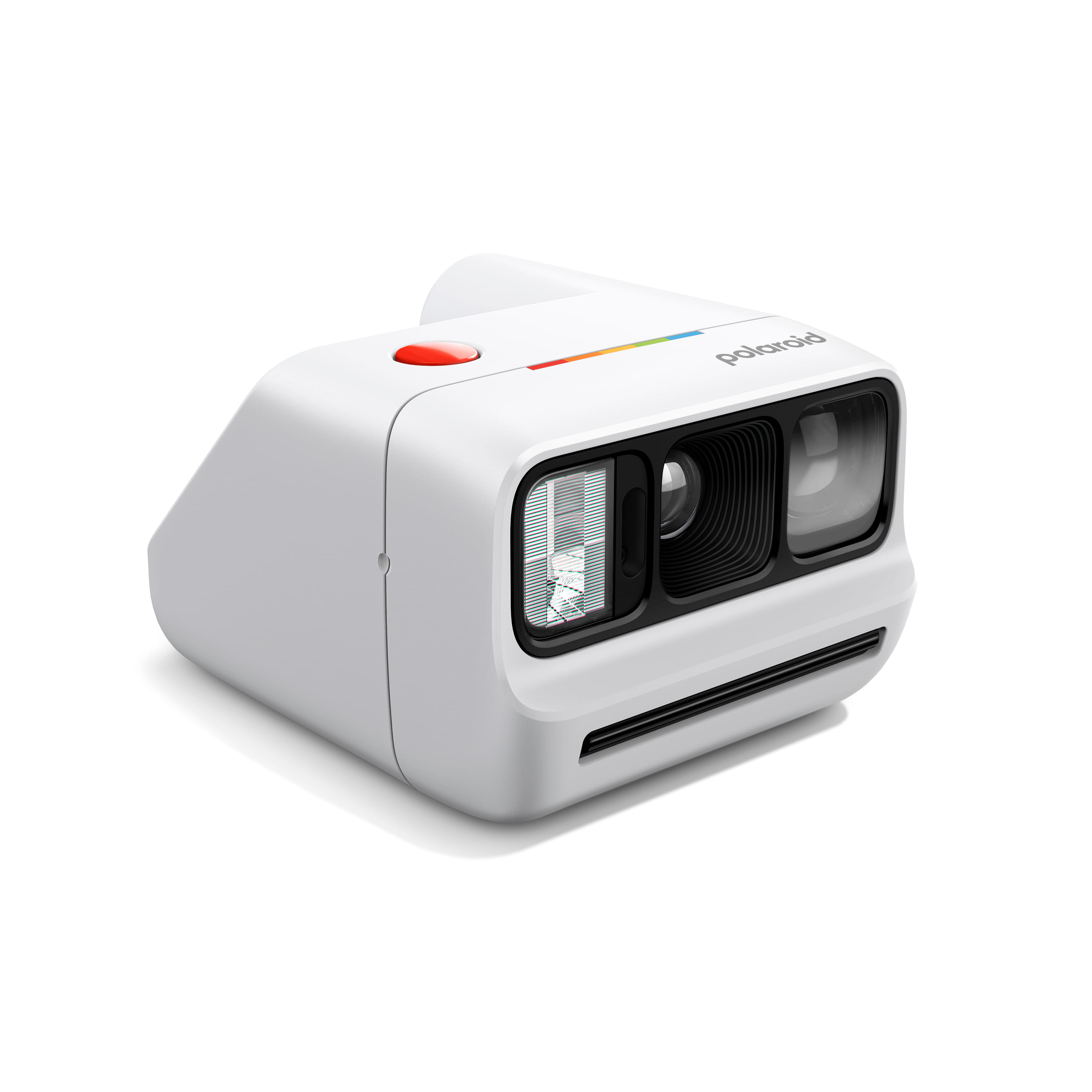Polaroid Go Generation 3 in Weiß in schräger linker Vorderansicht mit Objektiv und Blitz