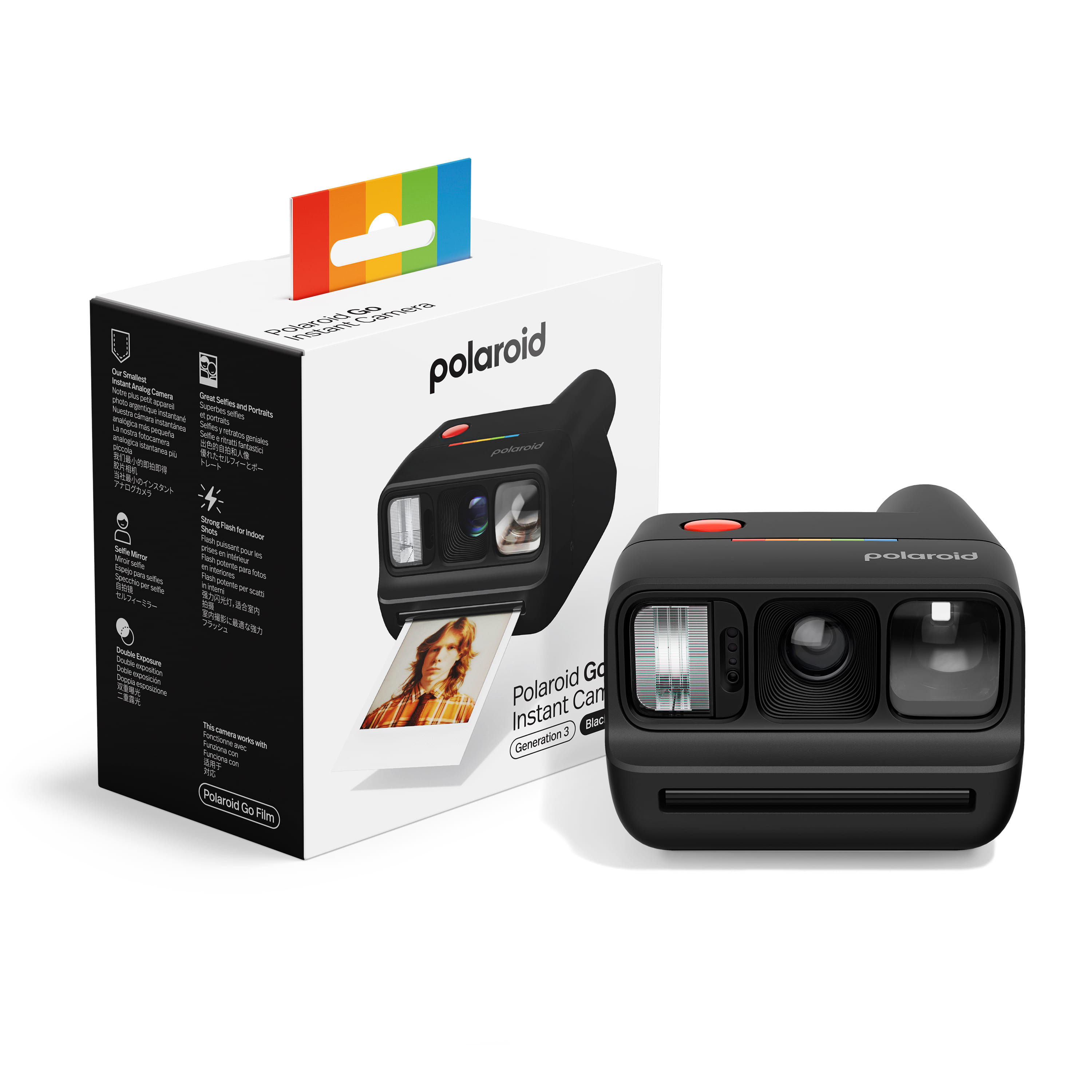 Polaroid Go Generation 3 in Schwarz mit Verpackung und Lieferumfang der kompakten Sofortbildkamera
